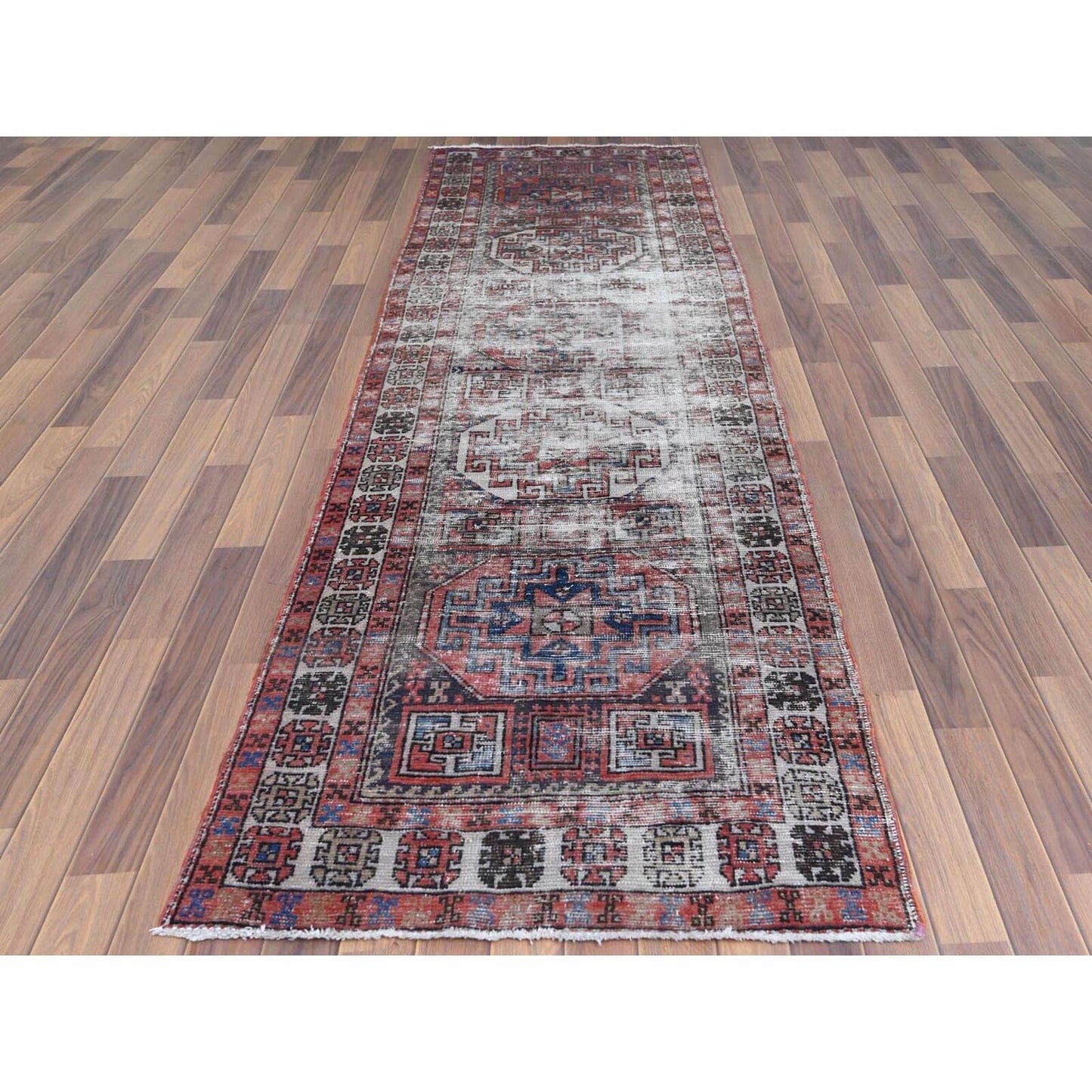 3'2"X9'5" Red Farsian Qashqairaz Distressed Wool Hand Knotted Runner Rug