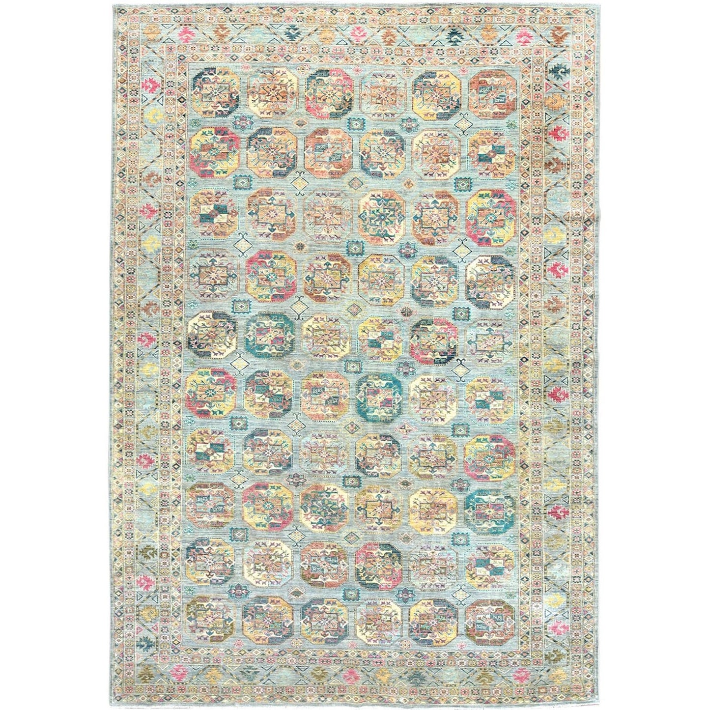9'9"X14'1" Silver Blue Afghan Super Kazak Pure Wool Hand Knotted Rug