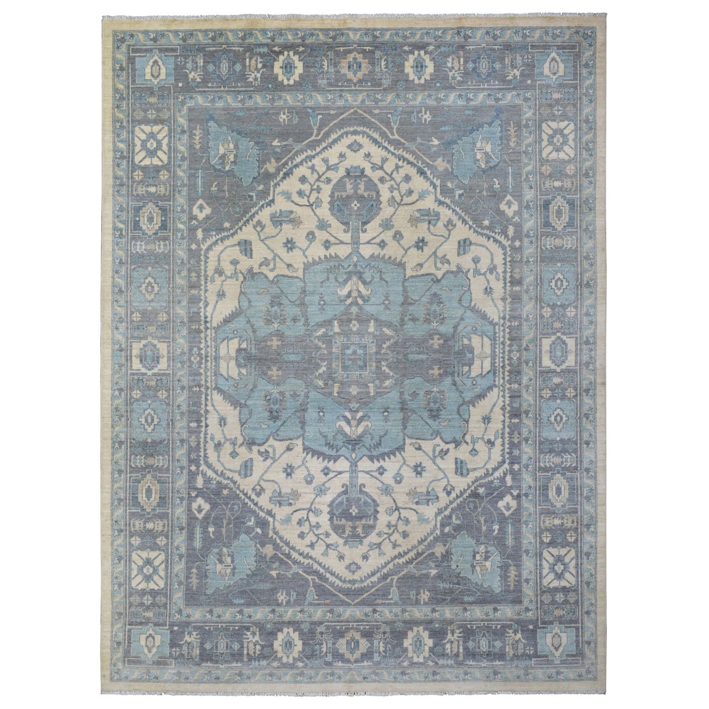 9'1"X11'9" Ivory Hand Knotted Fine Peshawar Afghan Wool Rug