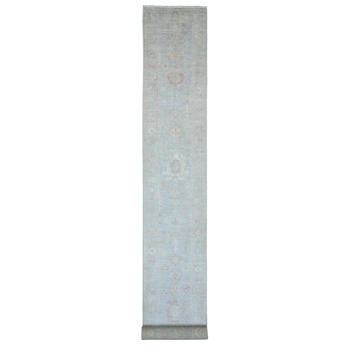 2'8"X24'9" Blue Angora Oushak Leaf Design Wool Hand Knotted Runner Rug