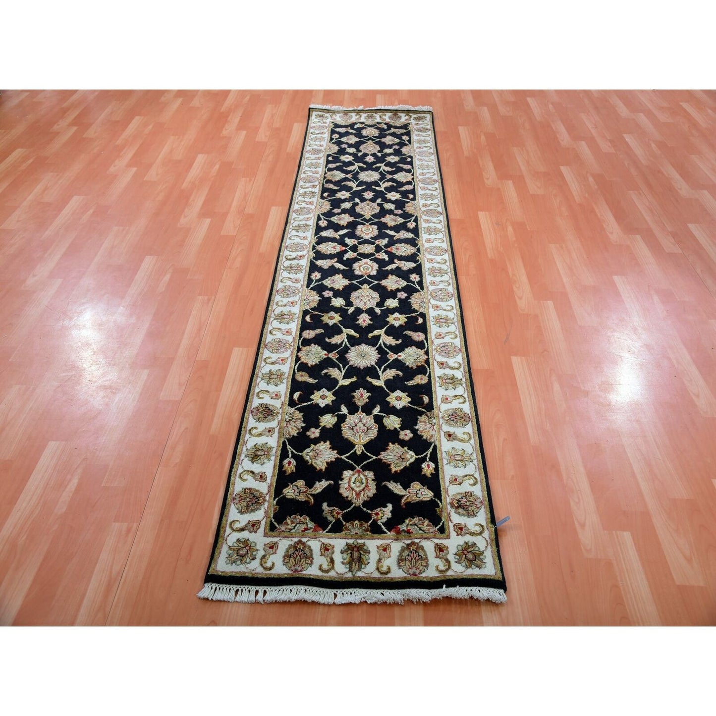 2'6"X10' Tricorn Black Wool Silk Hand Knotted Rajasthan Design Runner Rug