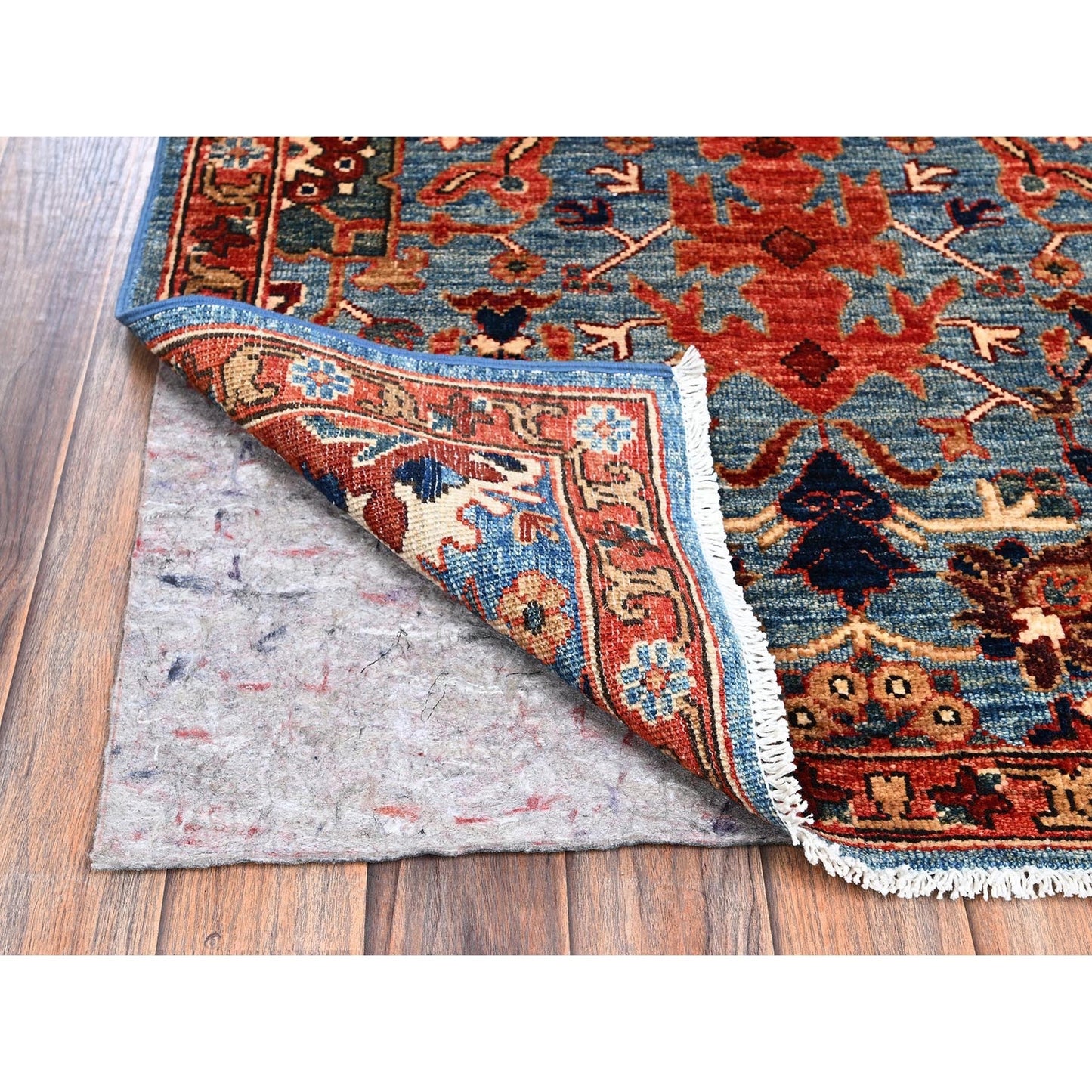 2'10"X9'10" Blue Heris All Over Design Hand Knotted Soft Wool Runner Rug