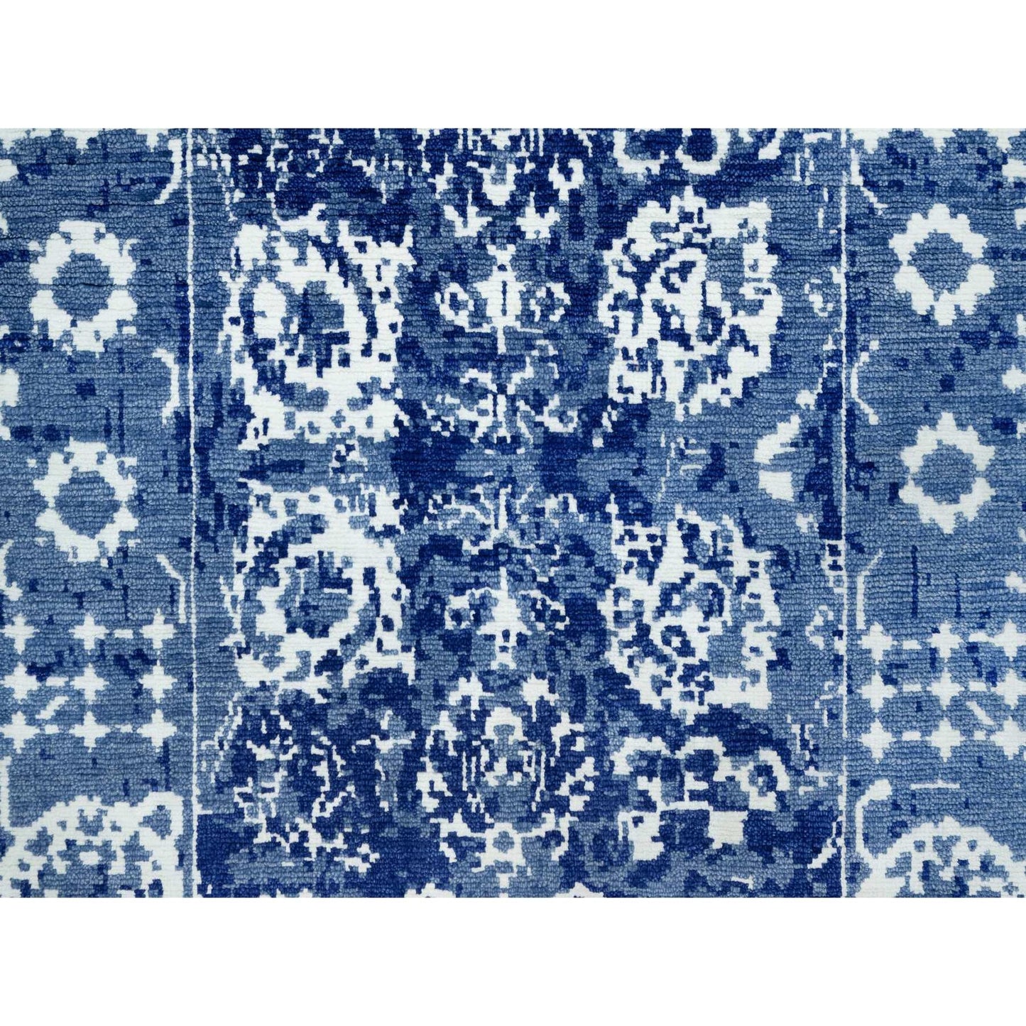 2'6"X8' Blue Hand Knotted Tebraz Leaf Design Wool And Silk Runner Rug