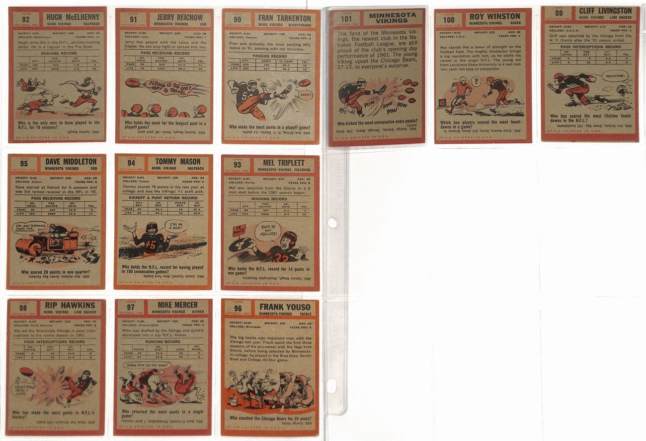 1962 Topps Football Vikings Complete Team Set