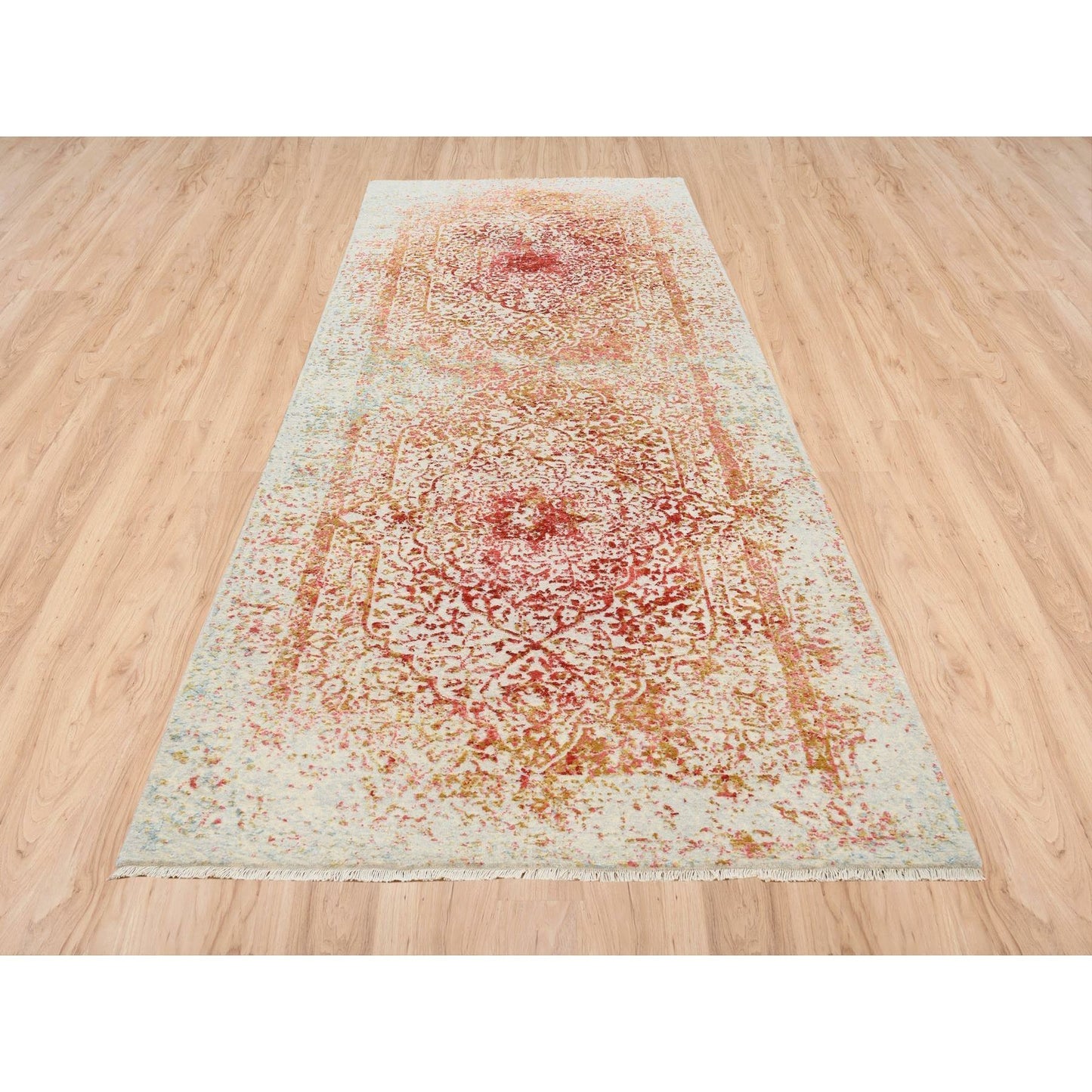 4'X11'9" Hand Knotted Pink Farsian Design Wool And Silk Wide Runner Rug