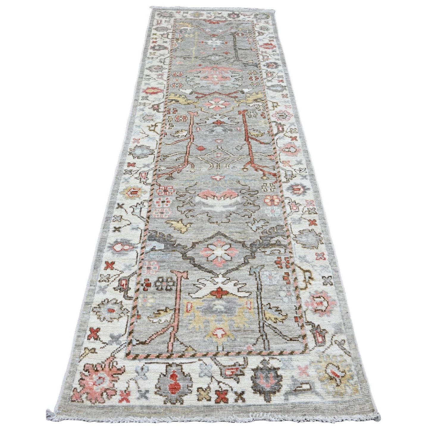 3'X9'8" Coin Gray Afghan Angora Oushak Hand Knotted Pure Wool Runner Rug