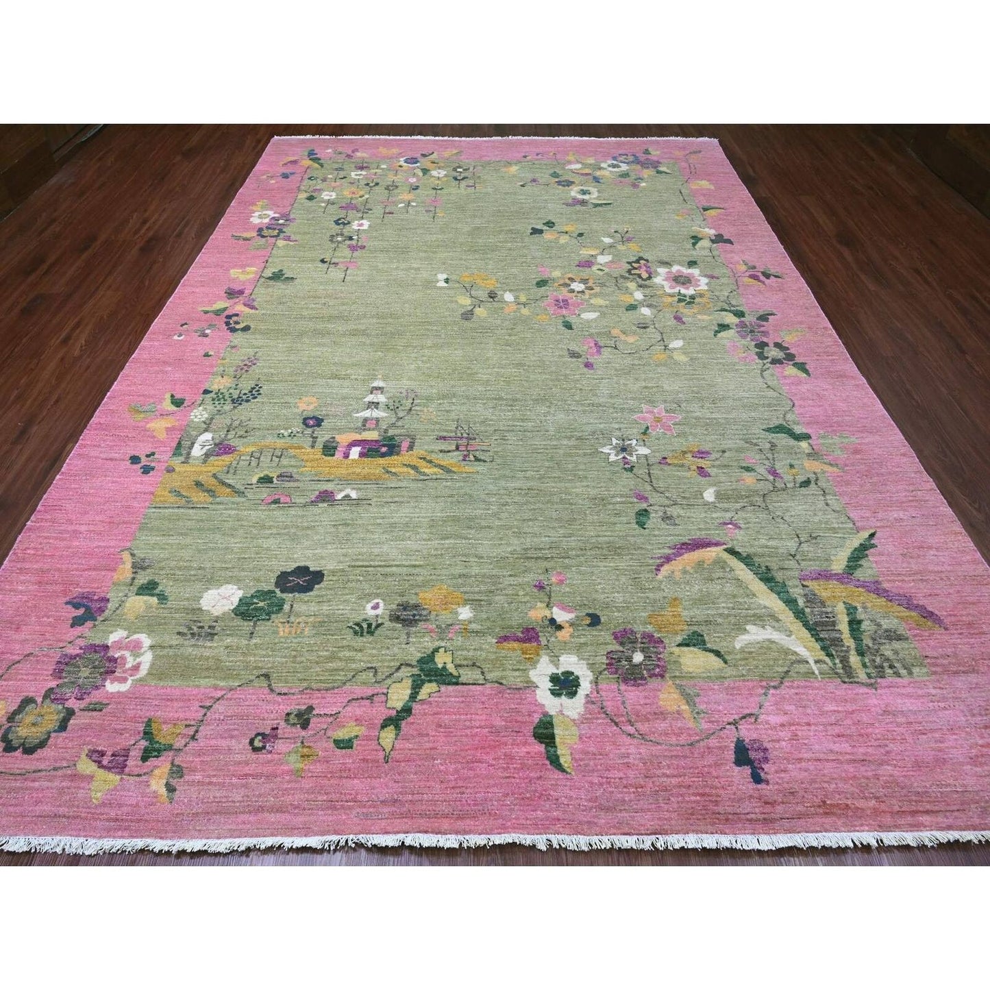 9'X12'3" Green Chinese Art Deco Inspired Peshawar Hand Knotted Wool Rug