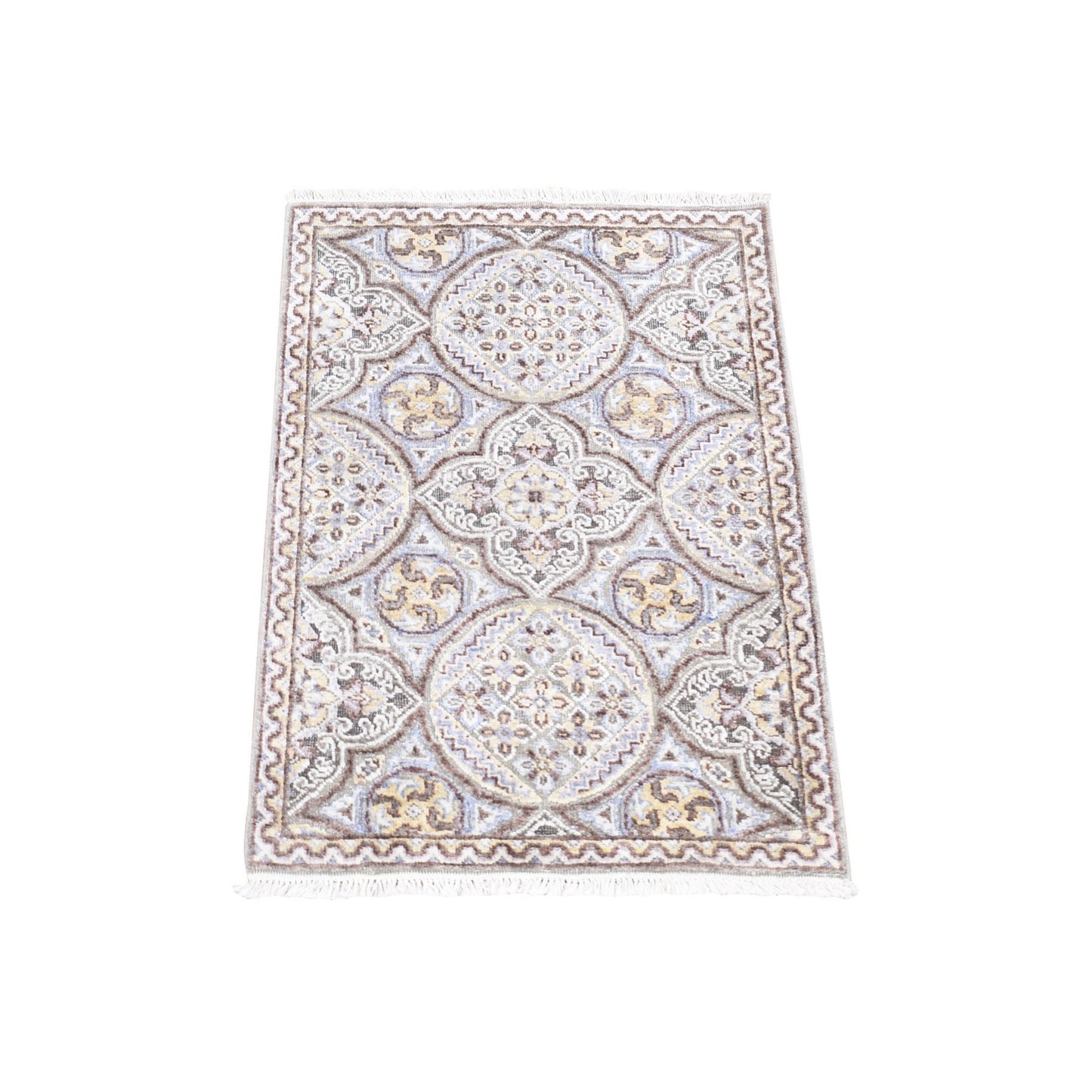 2'1"X3'1" Brown Mughal Inspired Design Wool And Silk Hand Knotted Mat Rug