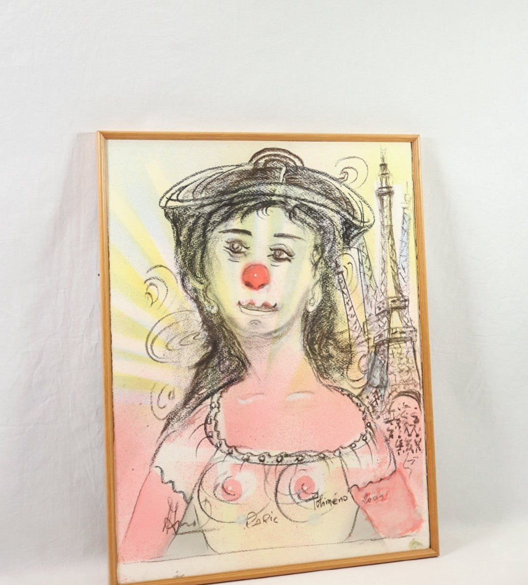 Polimeno 2004 Original Pastel Drawing "Jeune Femme La Tour Eiffel" Signed
