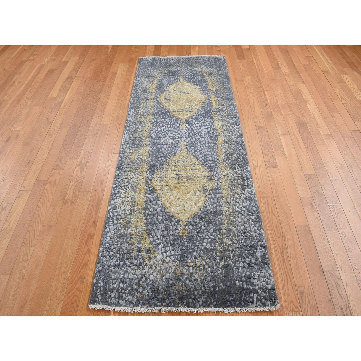 3'X8' Gray Zoroastrian Medallion Design Wool-Silk Runner Hand Knotted Rug