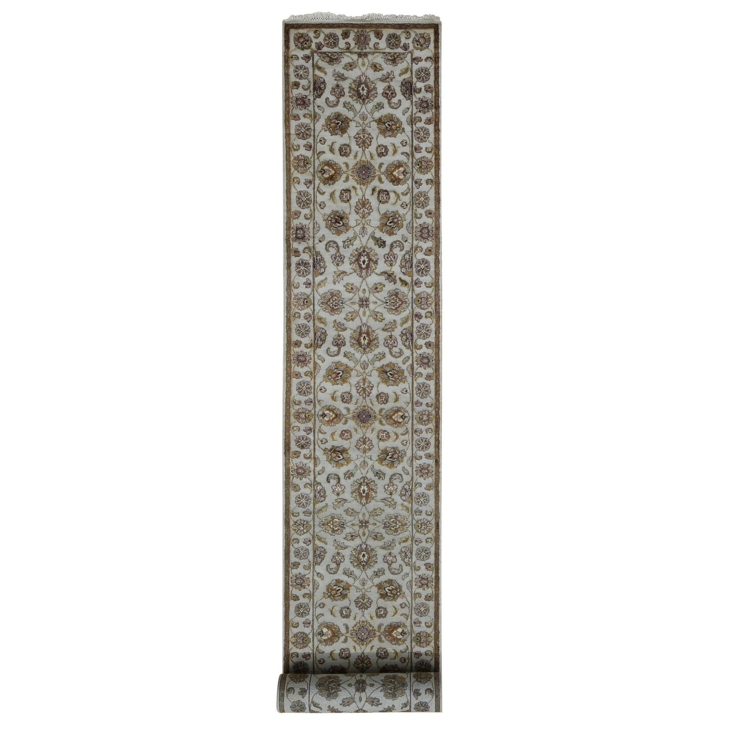 2'7"X16' Bone White Wool And Silk Rajasthan Hand Knotted Xl Runner Rug