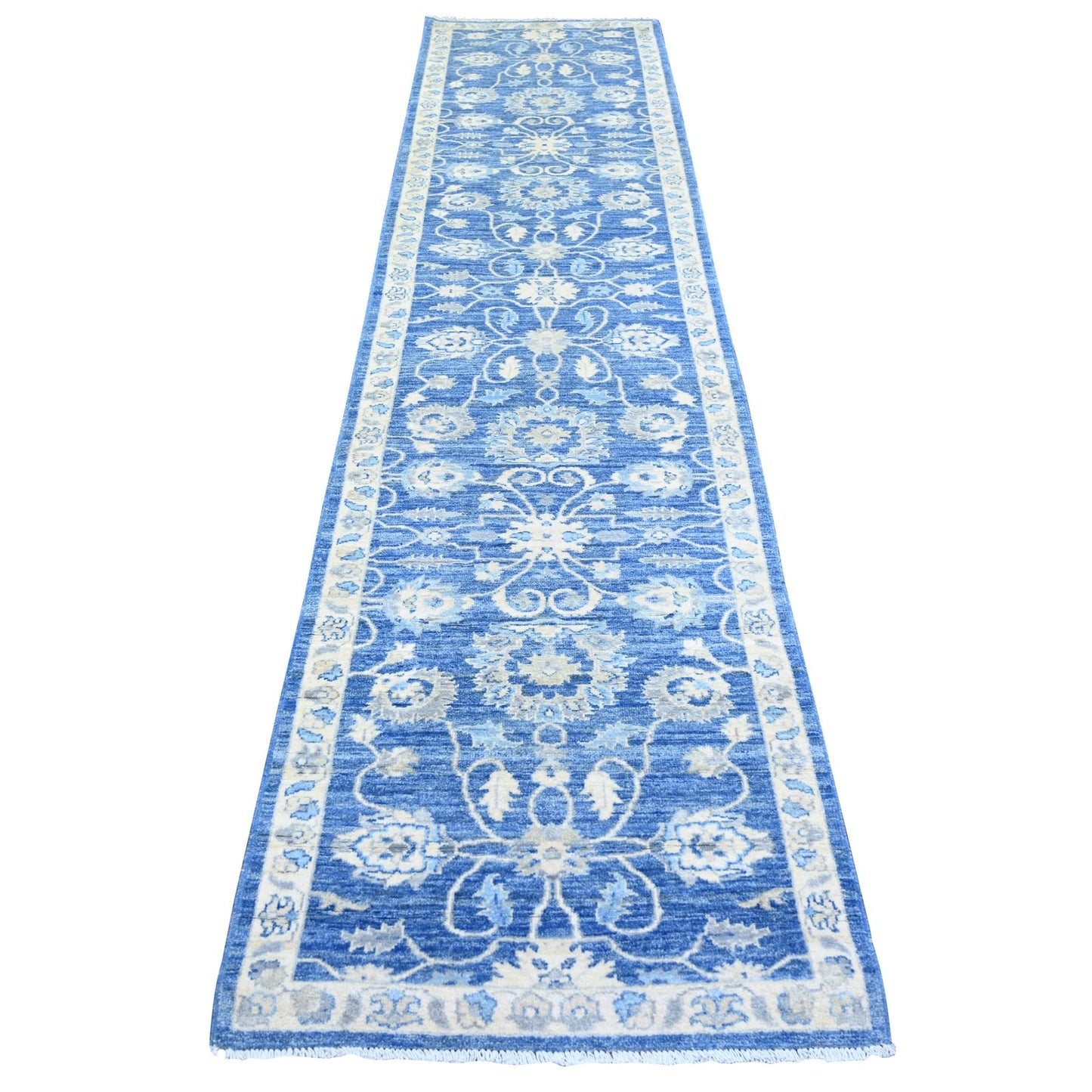 2'8"X11'8" Blue Soft Wool Hand Knotted Finer Peshawar Runner Rug