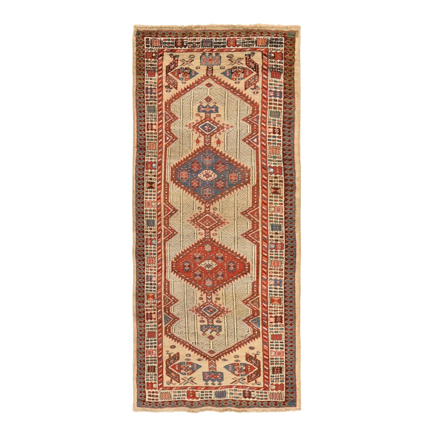 3'7"X8' Ivory Antique Zoroastrian Serrib Hand Knotted Wool Runner Rug