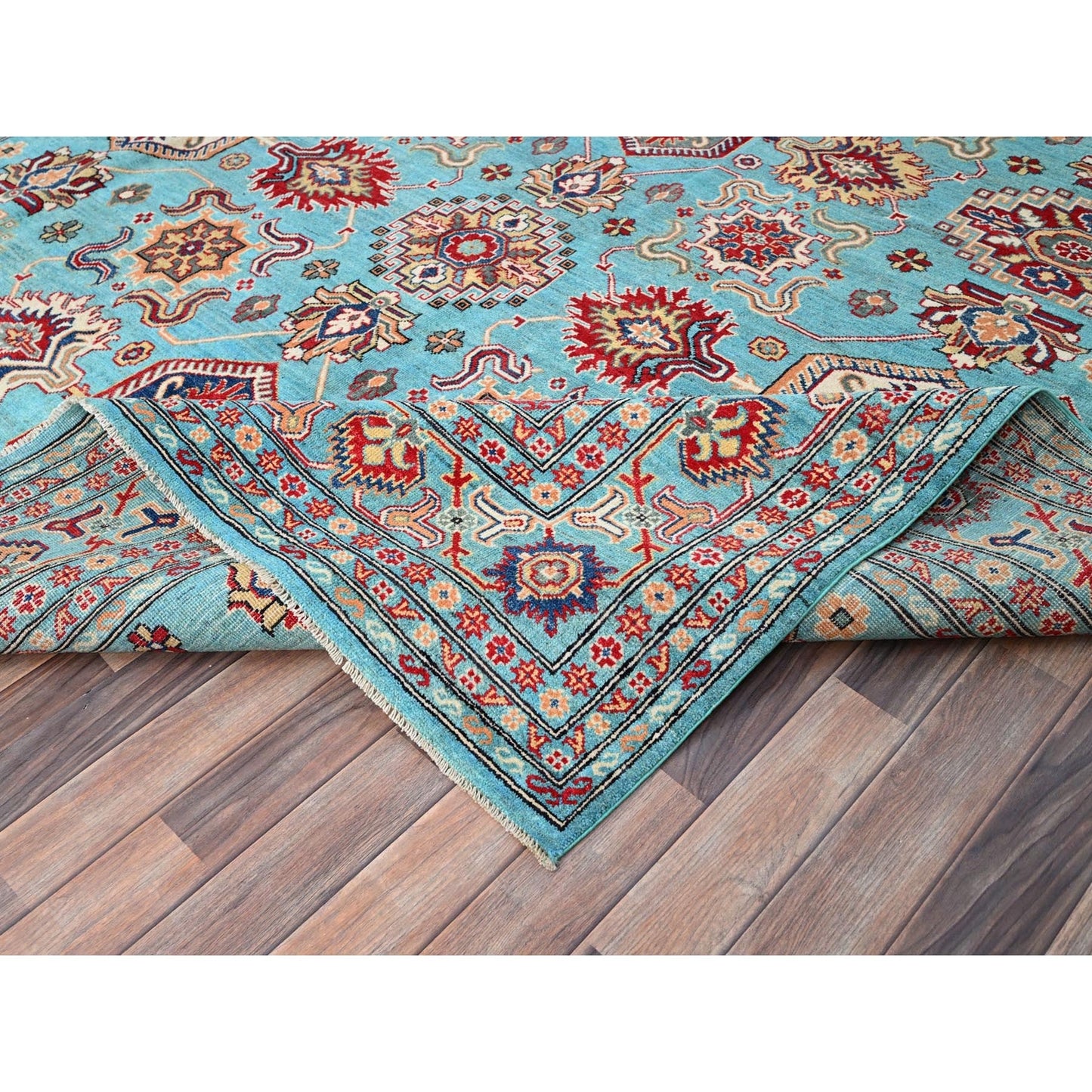 9'X12'1" Fanfare Blue Kazak Geometric Hand Knotted 100% Wool Oriental Rug