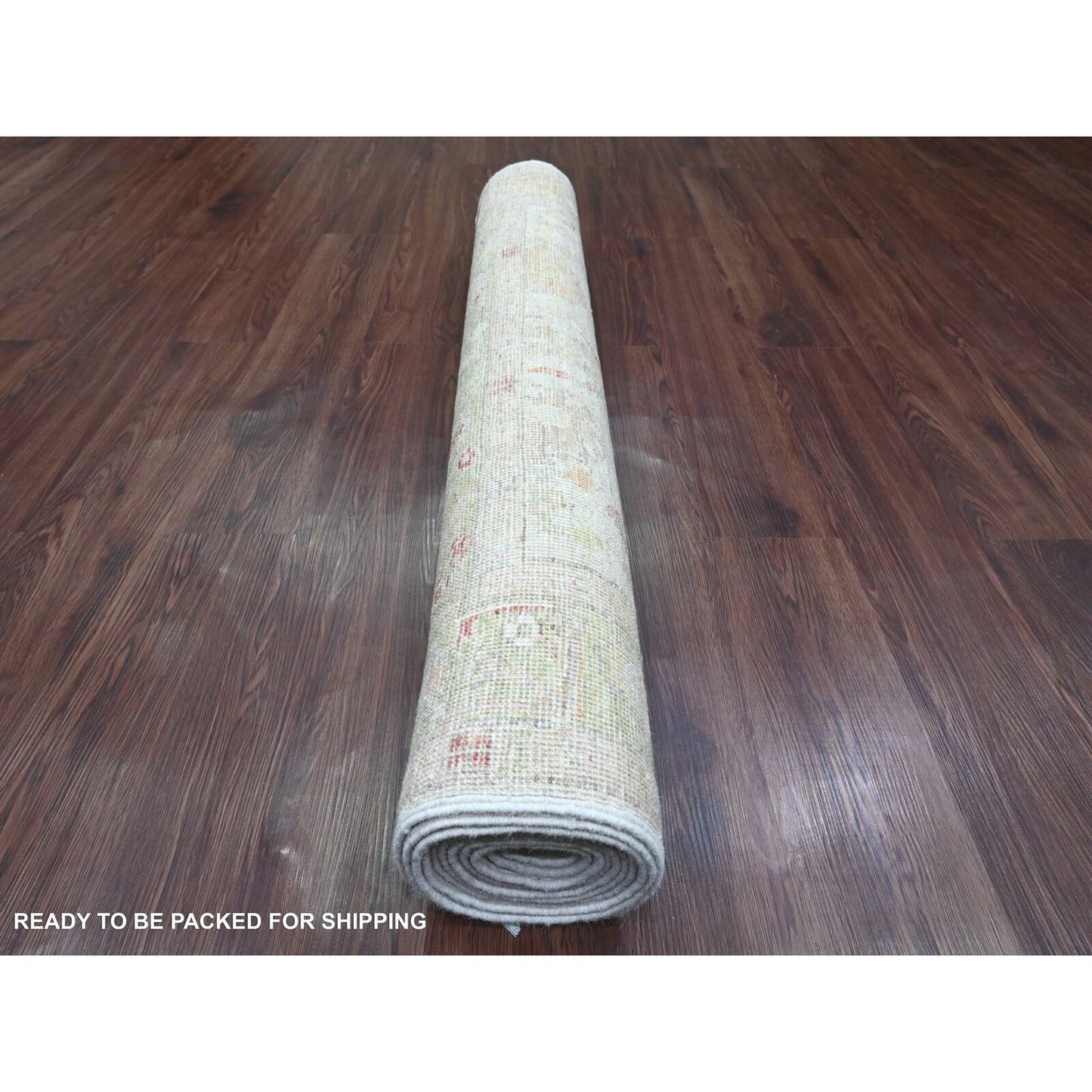 4'X11'9" White Hand Knotted Angora Oushak Leaf Design All Wool Runner Rug
