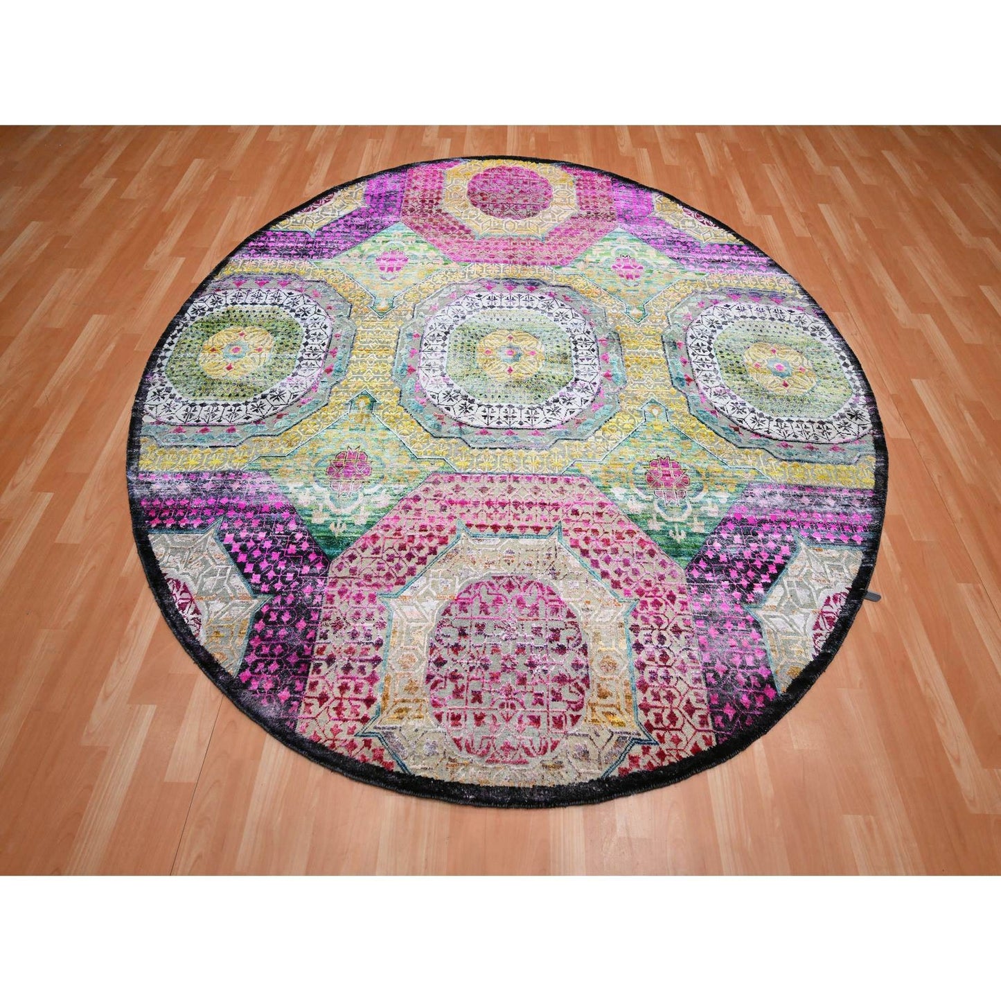 8'1"X8'1" Yellow Mamluk Design Sari Silk With Wool Hand Knotted Round Rug