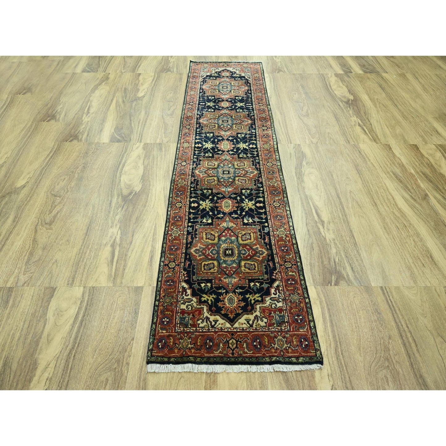 2'7"X10' Navy Heris With Geometric Design Hand Knotted Wool Runner Rug