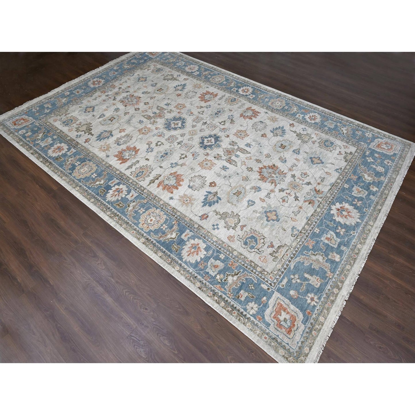 12'X17'9" Light Gray Pure Wool Hand Knotted Oushak Design Oversized Rug