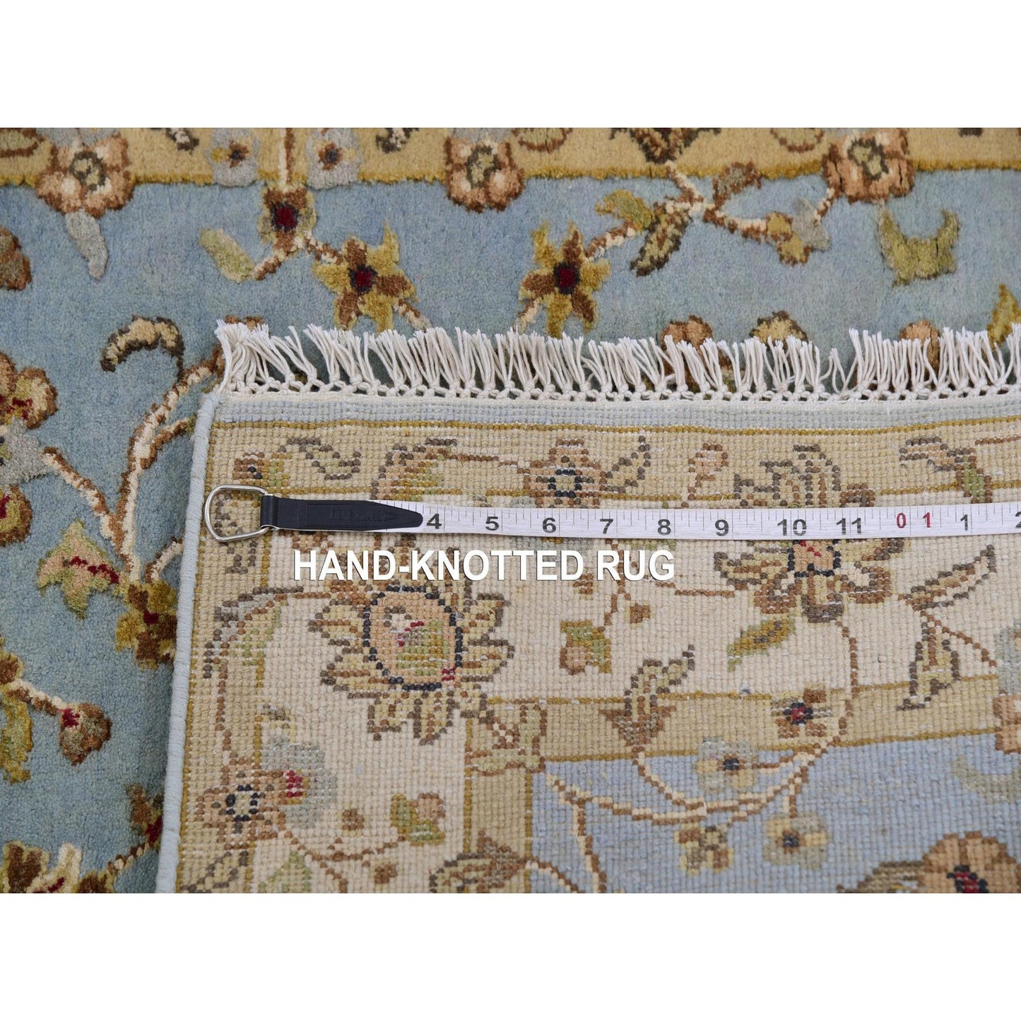 3'X12'2" Blue Hand Knotted Rajasthan Leaf Design Wool And Silk Runner Rug