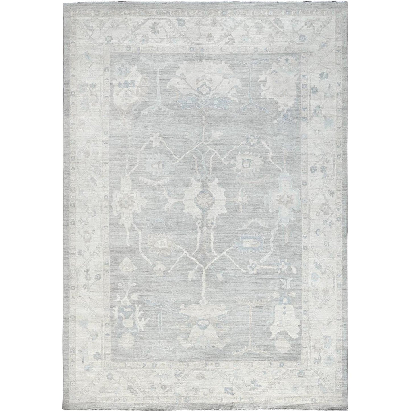 9'8"X13'10" Misty Gray White Wash Peshawar Hand Knotted Pure Wool Rug