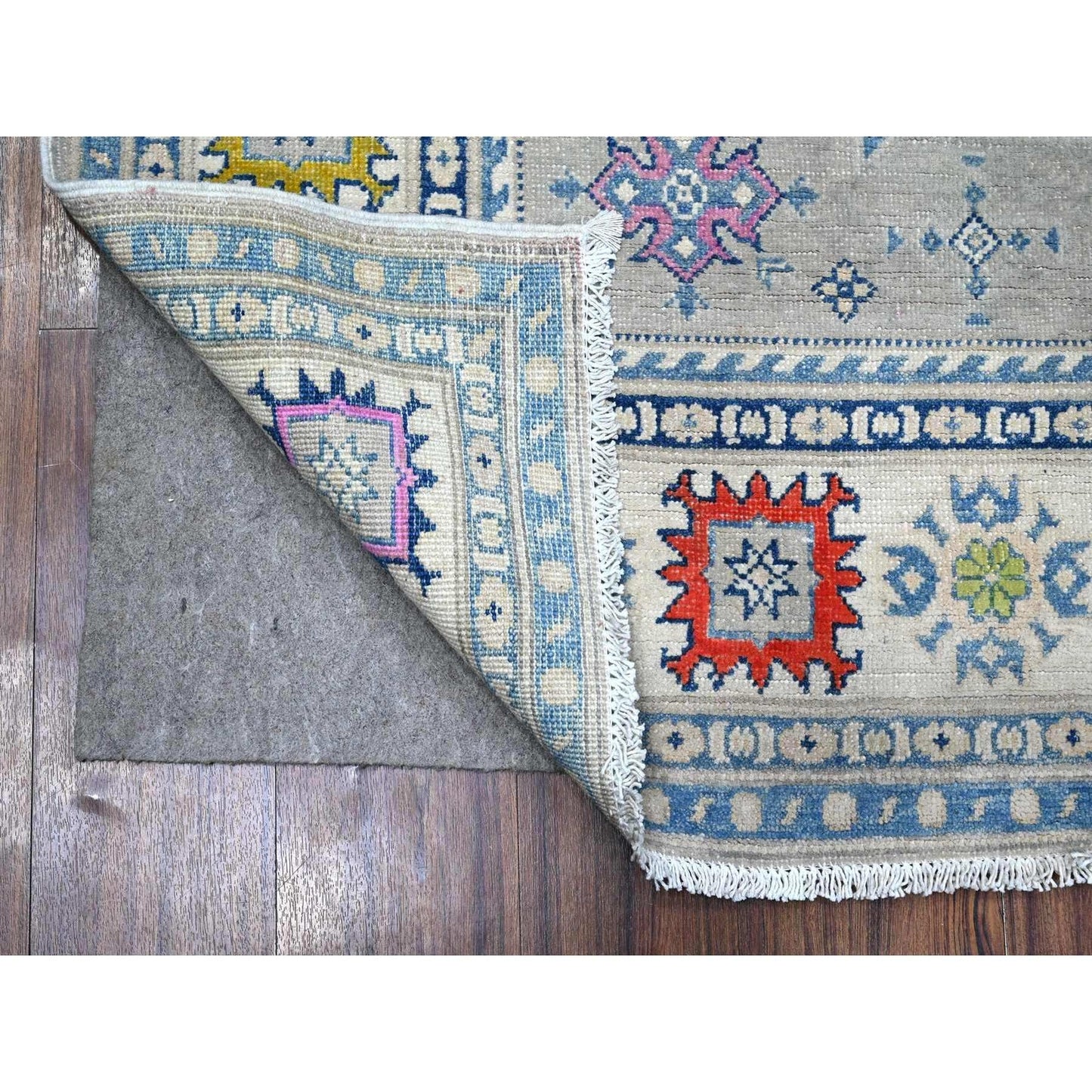 5'X6'4" Cloud Gray Colorful Hand Knotted Fusion Kazak Oriental Rug