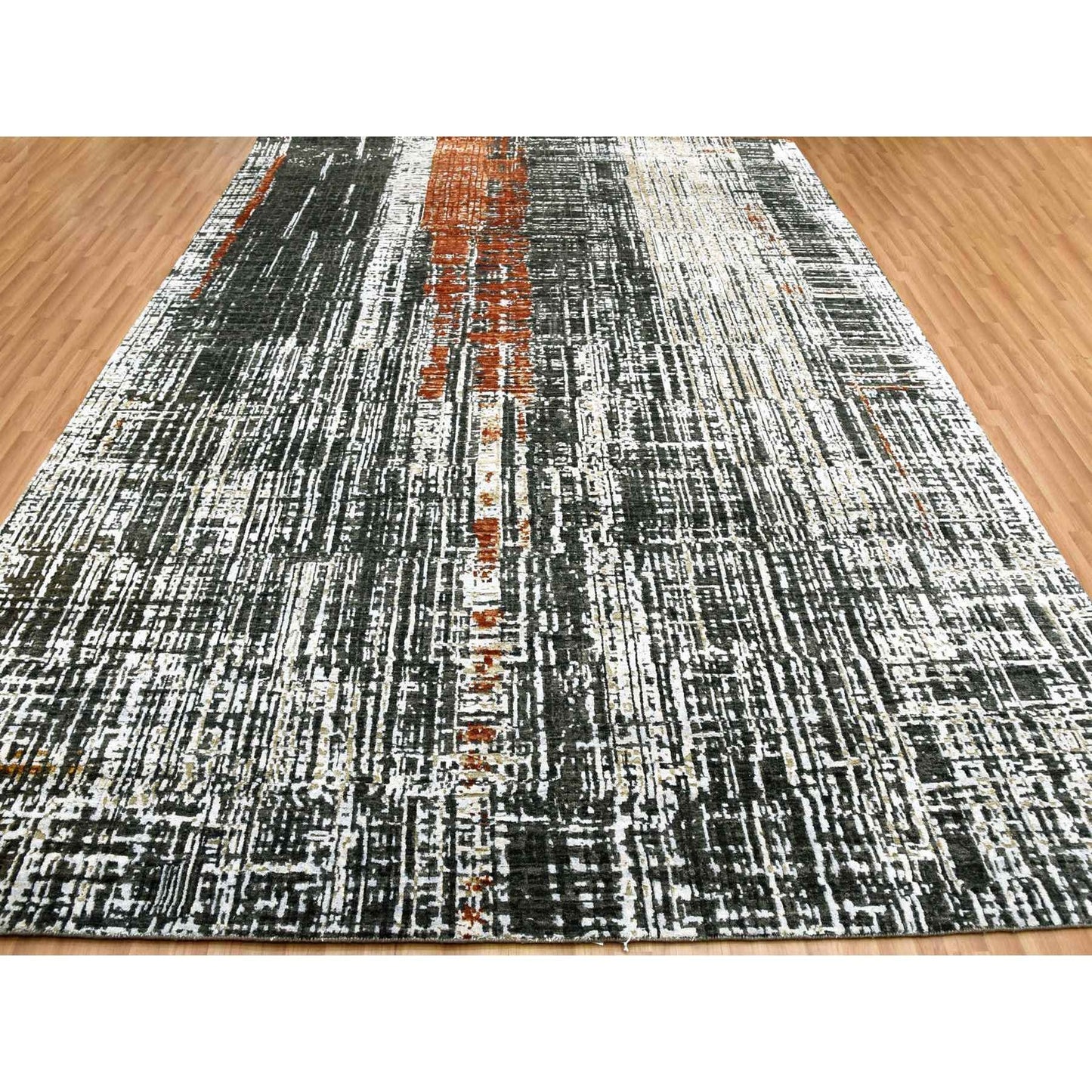 9'X12'4" Jet Black Organic Wool Hand Knotted Abstract Design Rug