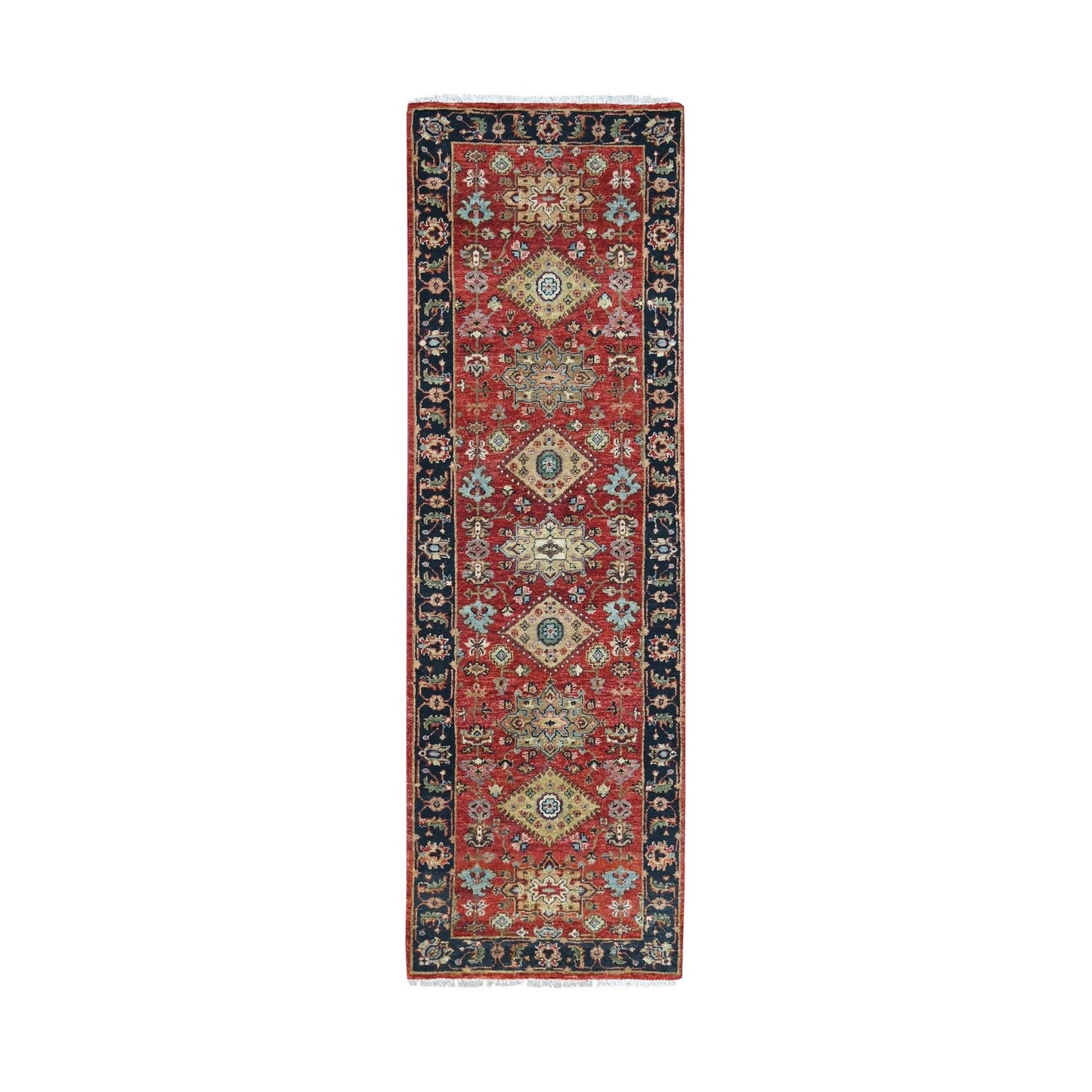 2'7"X8'2" Red Karjihooz Medallions Design Hand Knotted Soft Wool Runner