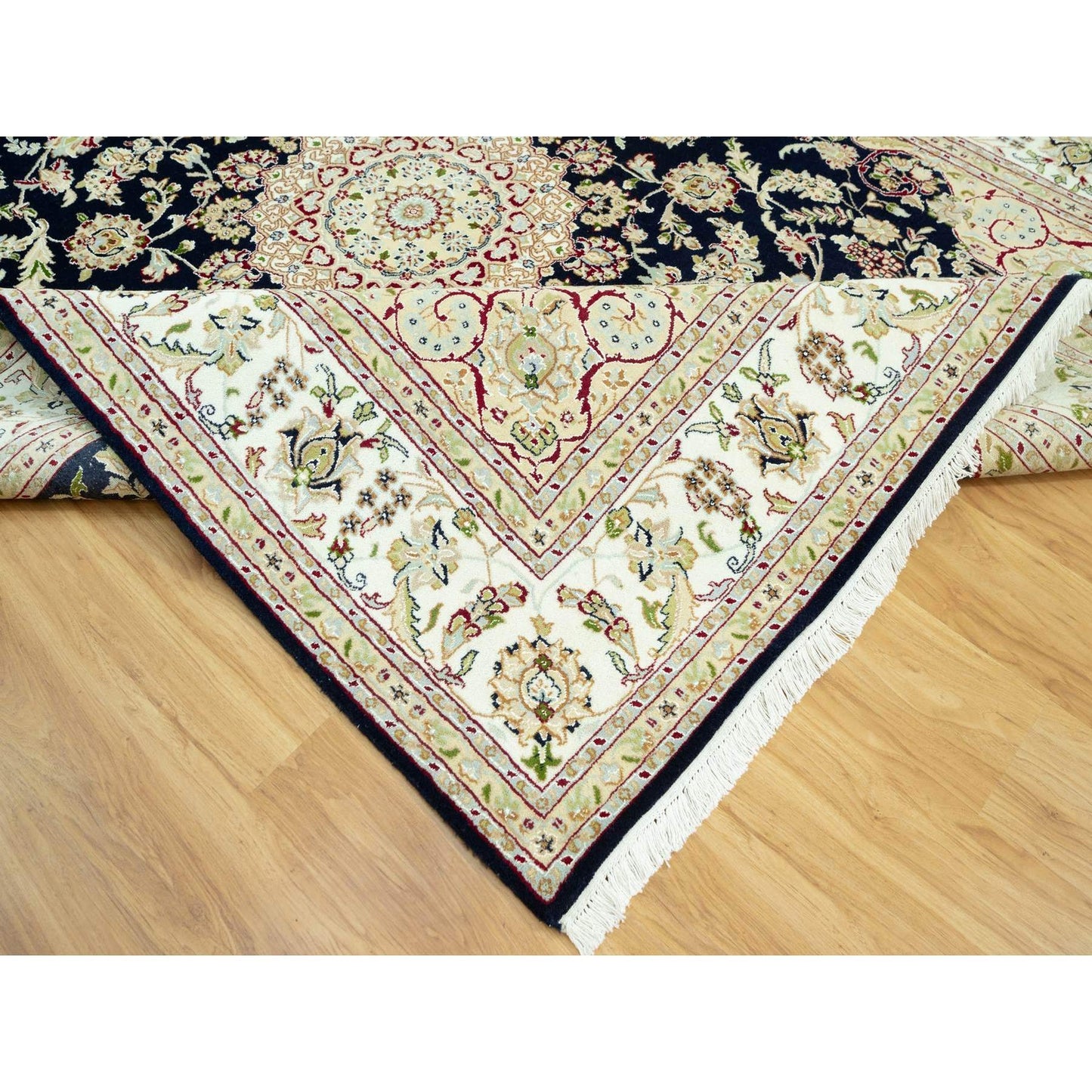 7'9"X9'9" Dark Night Blue Nain Floral Design 250 Kpsi Hand Knotted Rug