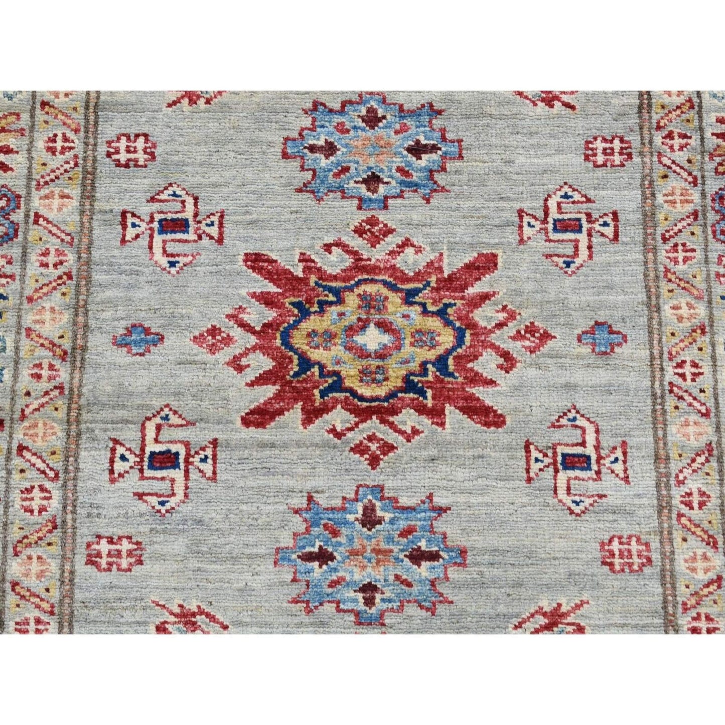 2'10"X8' Light Gray Afghan Super Kazak Hand Knotted Pure Wool Runner Rug
