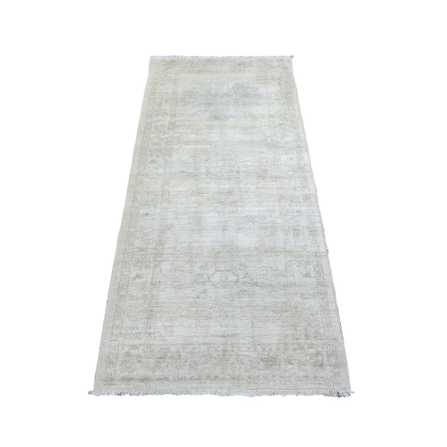 2'7"X5'10" Ivory Stone Wash Hand Knotted Peshawar Afghan Wool Runner Rug