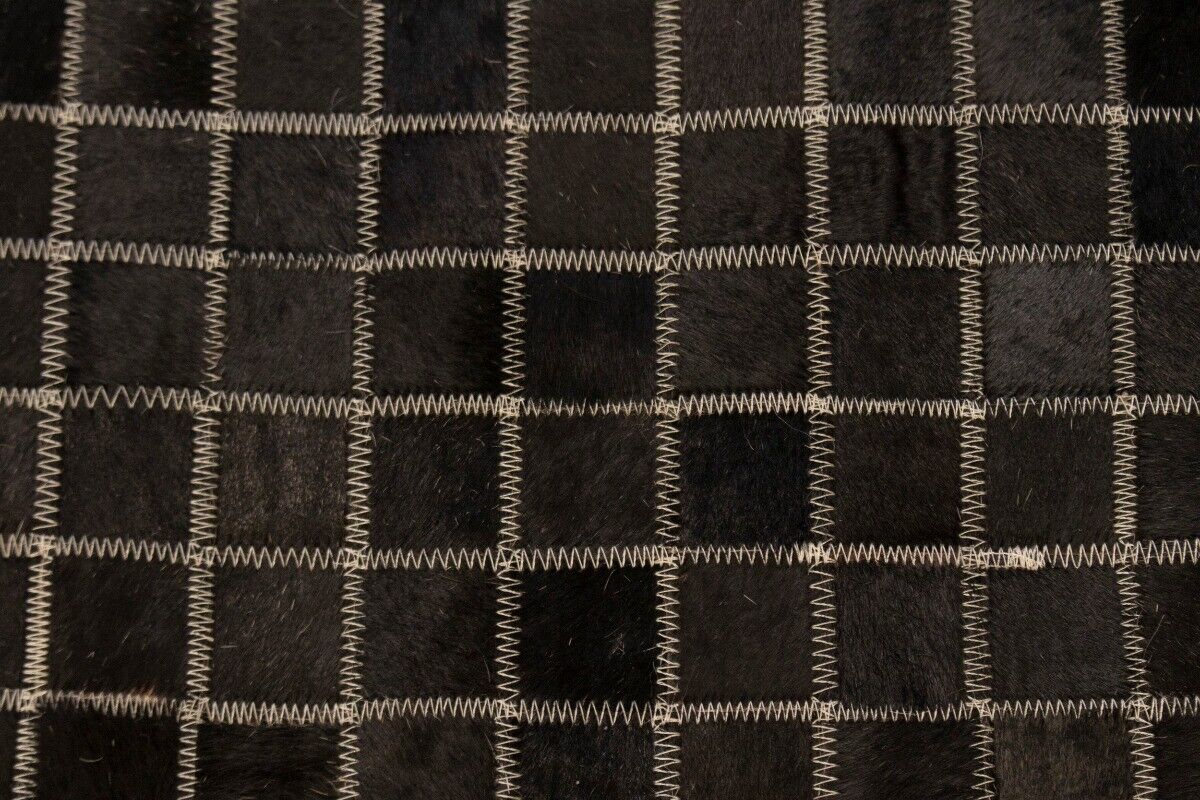 Hand-Stitched Black Beige Cowhide Leather Rug 4X6