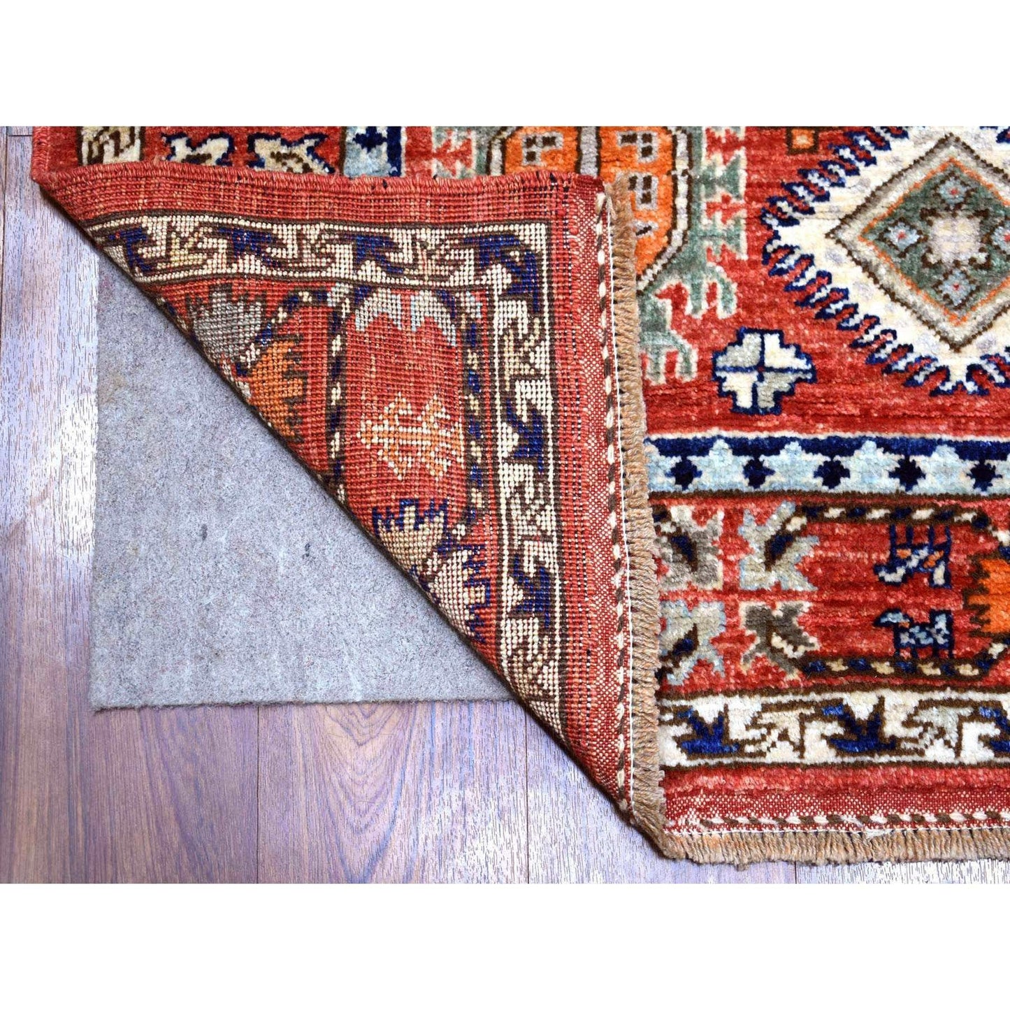 4'X9'7" Red Afghan Ersari Elements Design Wool Hand Knotted Runner Rug