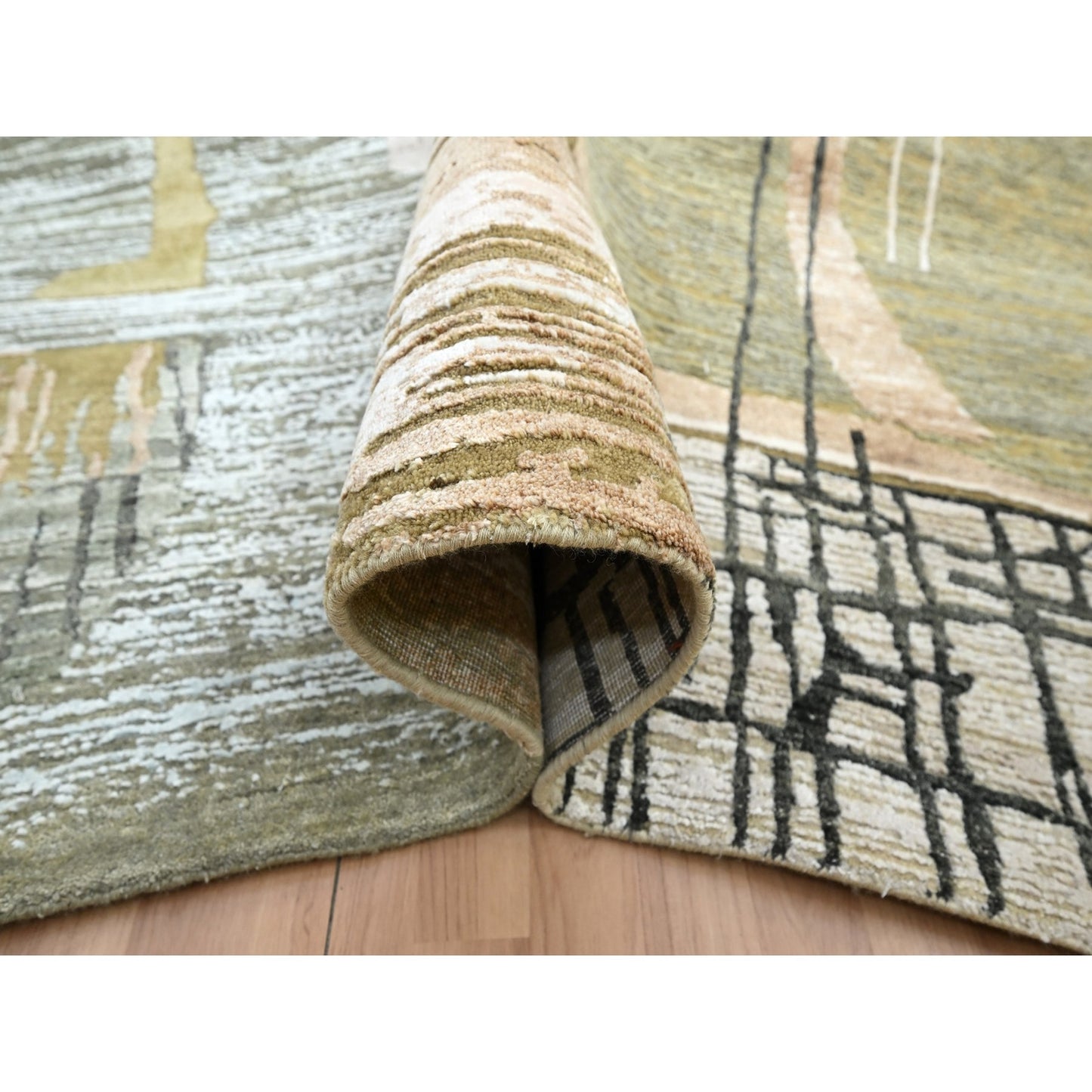 10'X14' Gray With Brown Hand Knotted Abstract Geometric Pattern Wool Rug