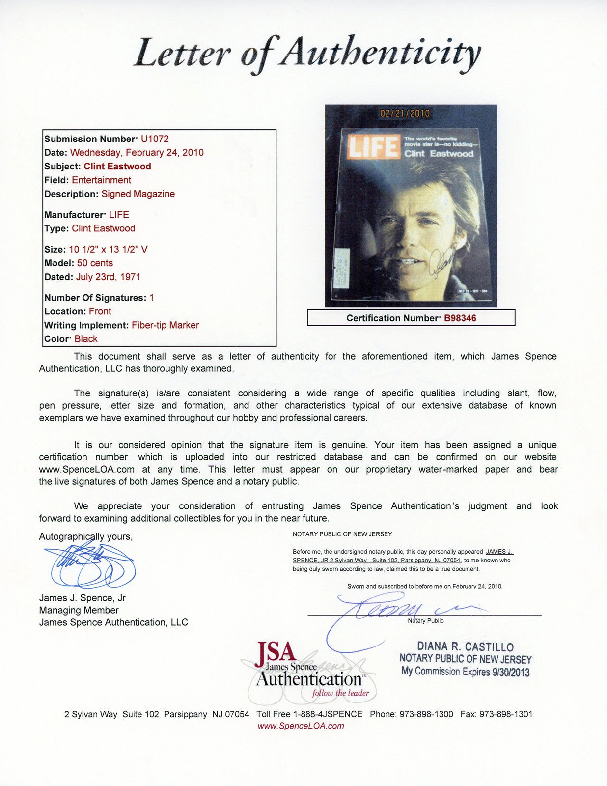 Clint Eastwood Autographed Life Magazine (Jsa)