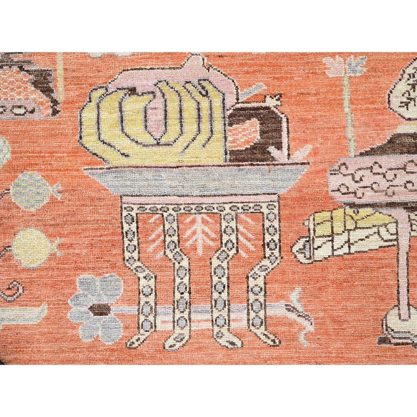 12'1"X14'6" Orange Khotan And Samarkand Design Hand Knotted Soft Wool Rug