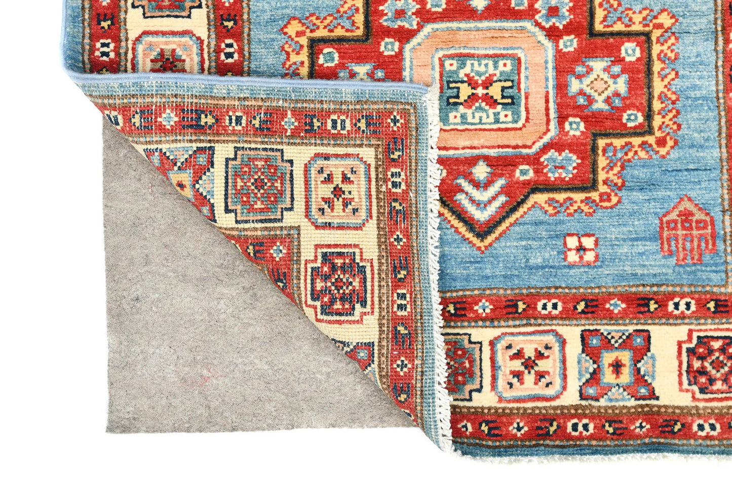 Tribal Geometric Kazak Runner Rug Blue Farmho