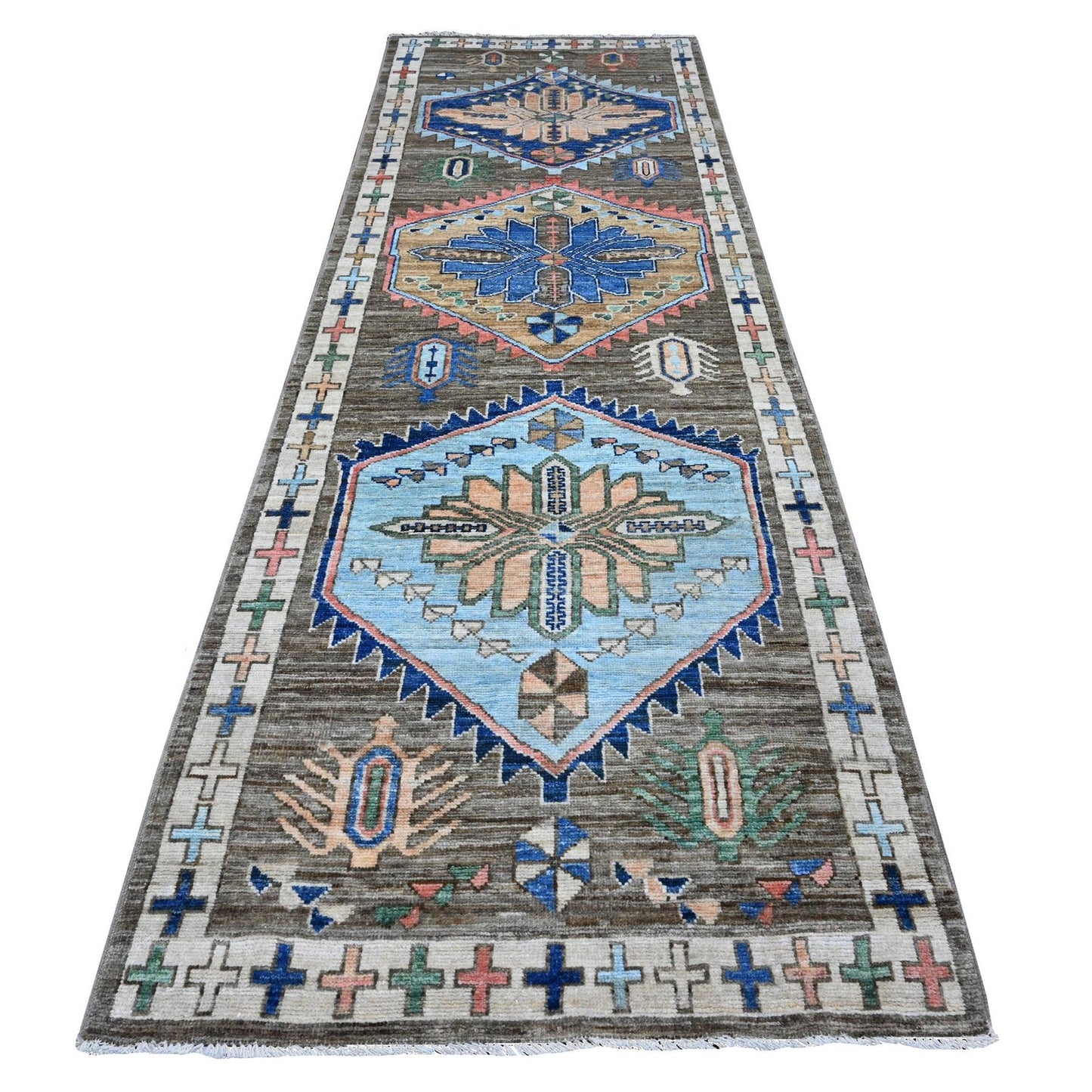 3'8"X11'4" Cloud Gray Tribal Village Design Wide Runner Oriental Rug
