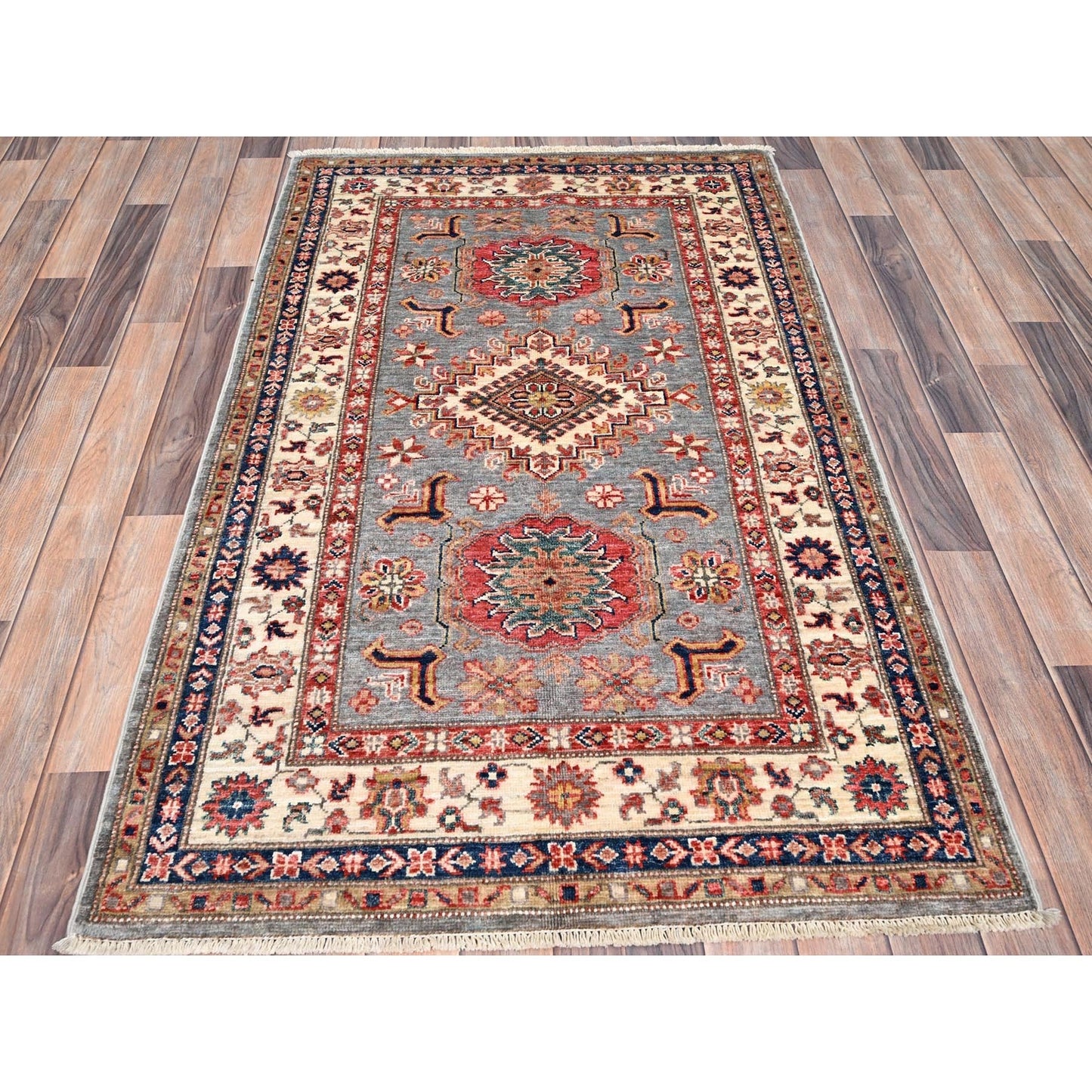 3'4"X5'1" Side Walk Grey Special Kazak Triple Medallion Oriental Rug