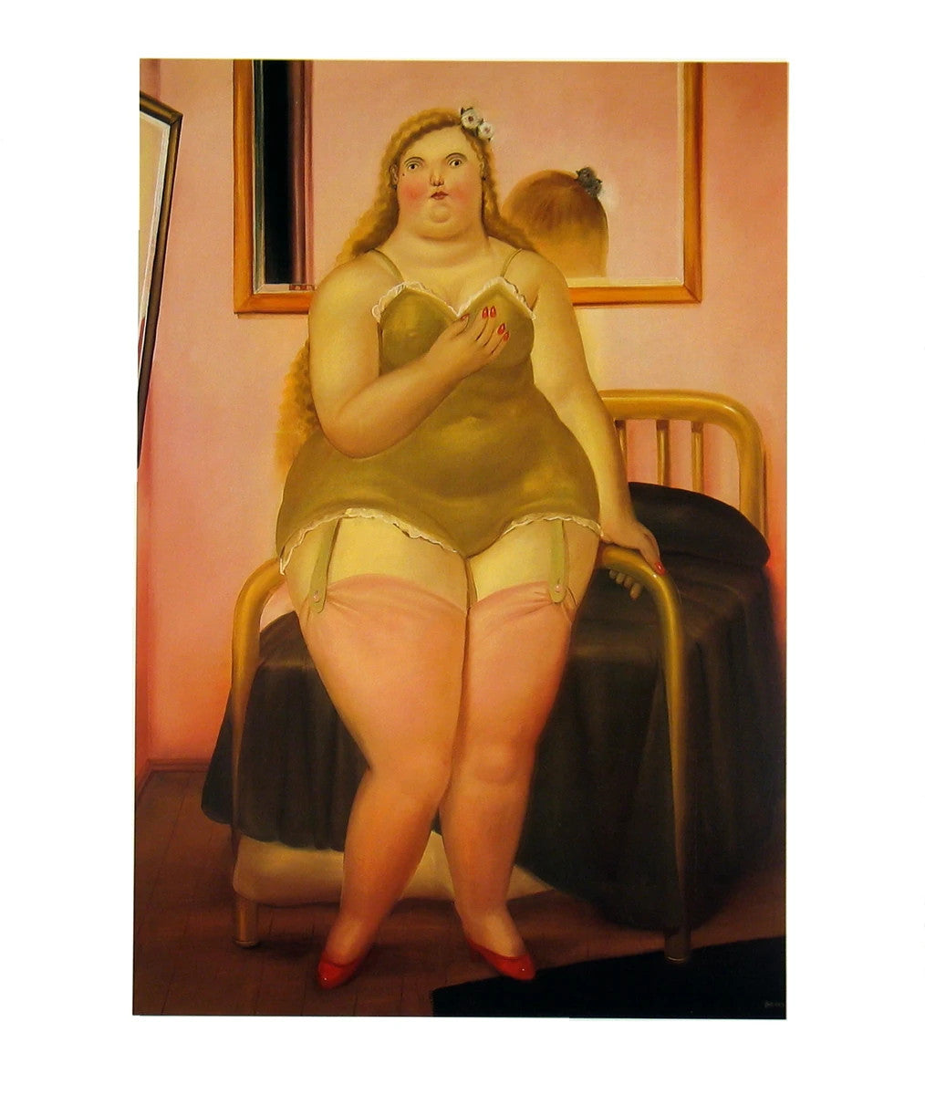 Wo FERNANDO BOTERO La Cama II 24" x 19.5" Poster 1999 Contemporary Brown Yellow
