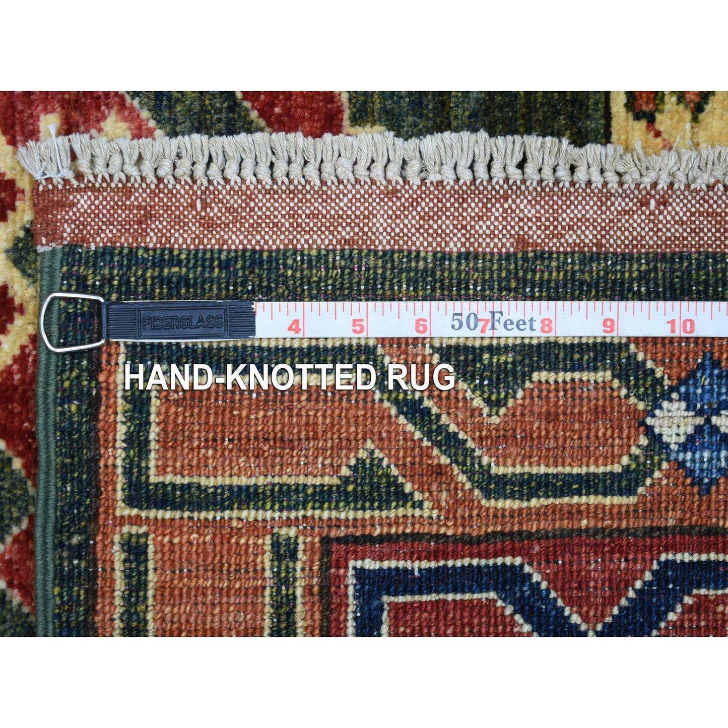 4'X9'8" Olive Green Turkeman Ersari Hand Knotted Pure Wool Runner Rug