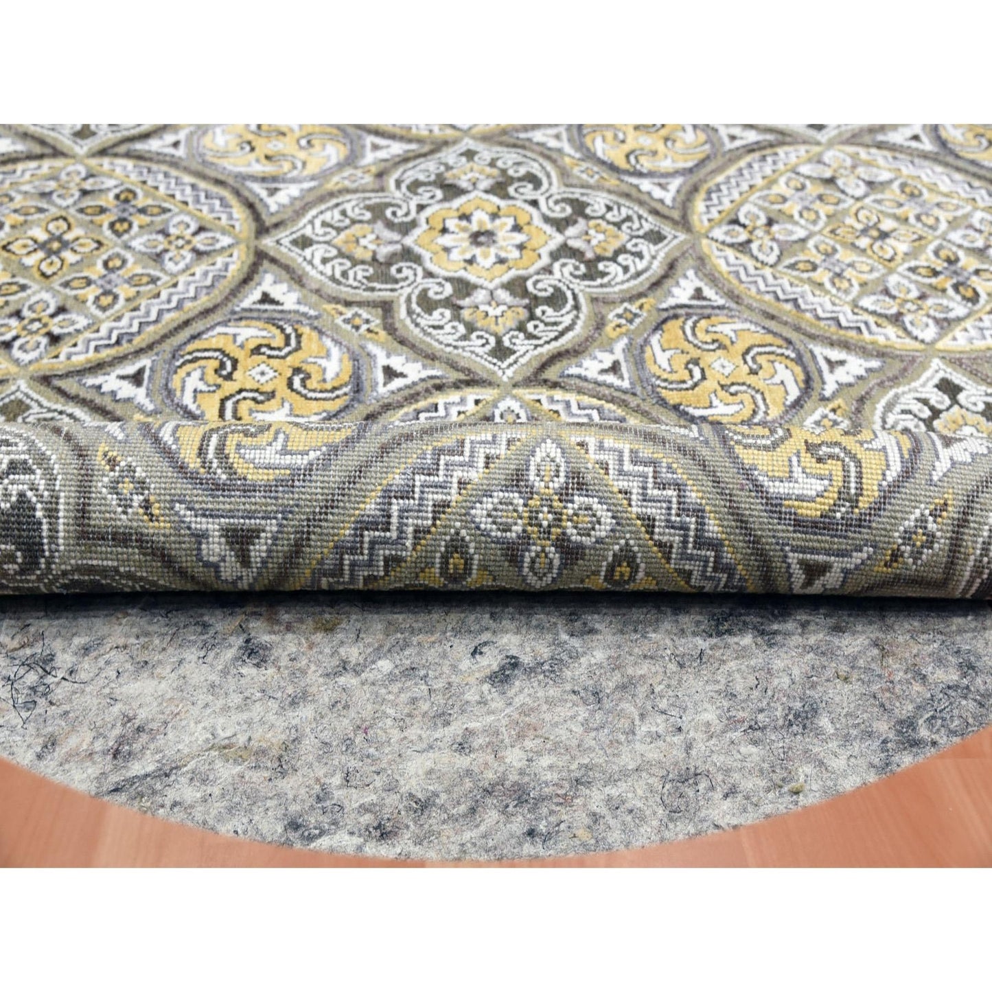 6'2"X6'2" Taupe-Brown Silk Mughal Inspired Hand Knotted Wool Round Rug