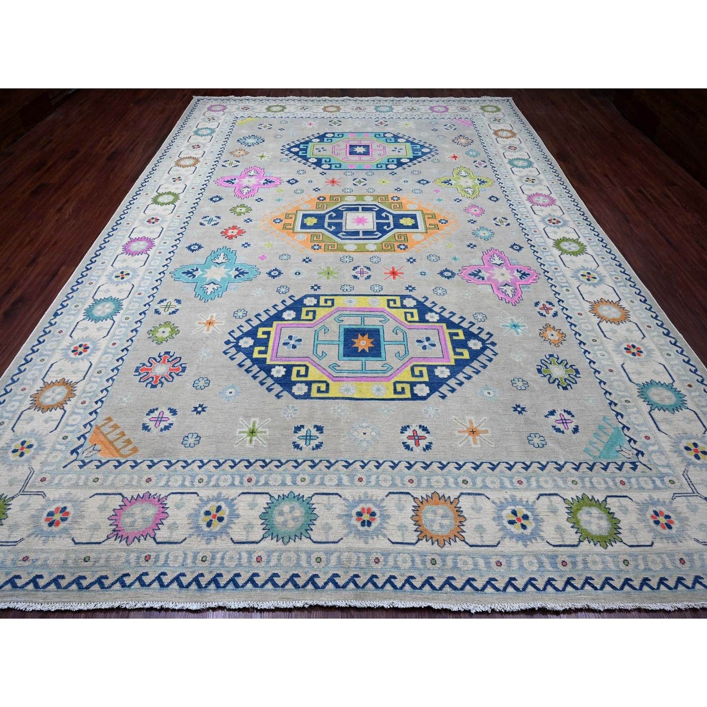 9'7"X13'4" Gray Fusion Kazak Caucasian Design Pure Wool Hand Knotted Rug