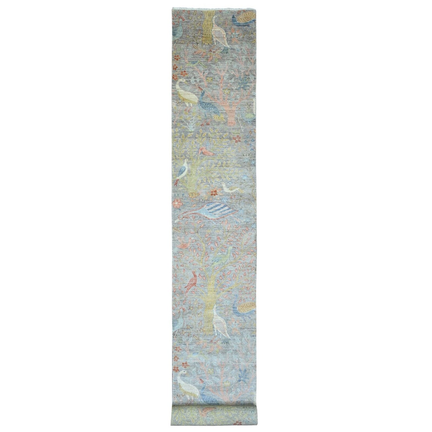 2'7"X22' Gray Afghan Peshawar Birds Design Hand Knotted Wool Runner Rug