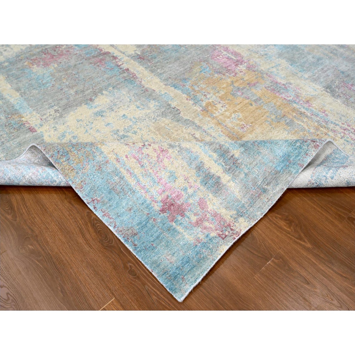 9'X12' Pastel Yellow Abstract Design Wool And Silk Shiny Hand Knotted Rug