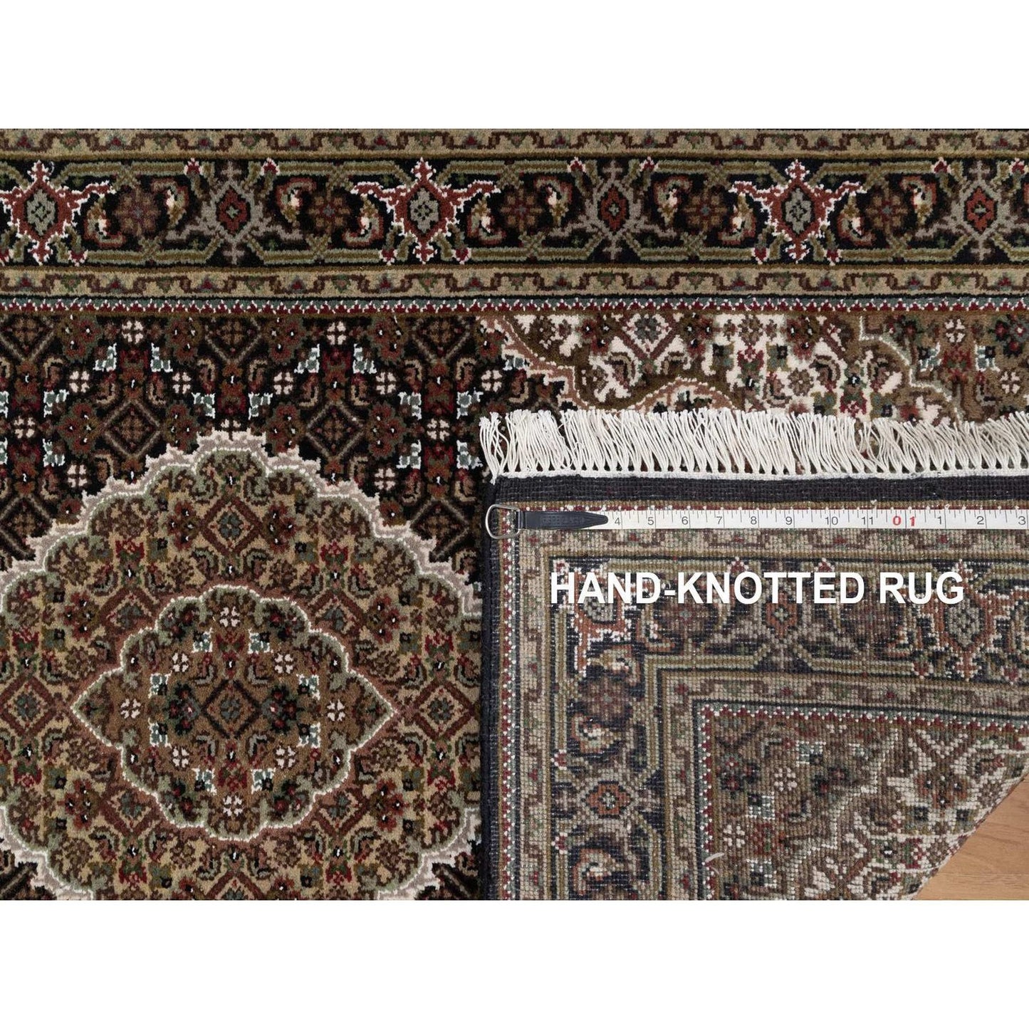 3'X5'4" Black Pure Wool Rug Tebraz Mahi With Medallion Design Hand Knotted