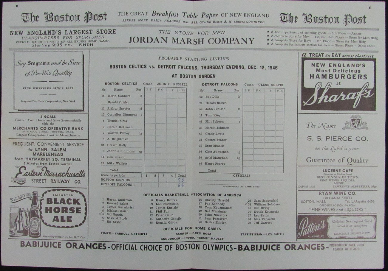 Vintage 1946 Boston Celtics Vs. Detroit Falcons