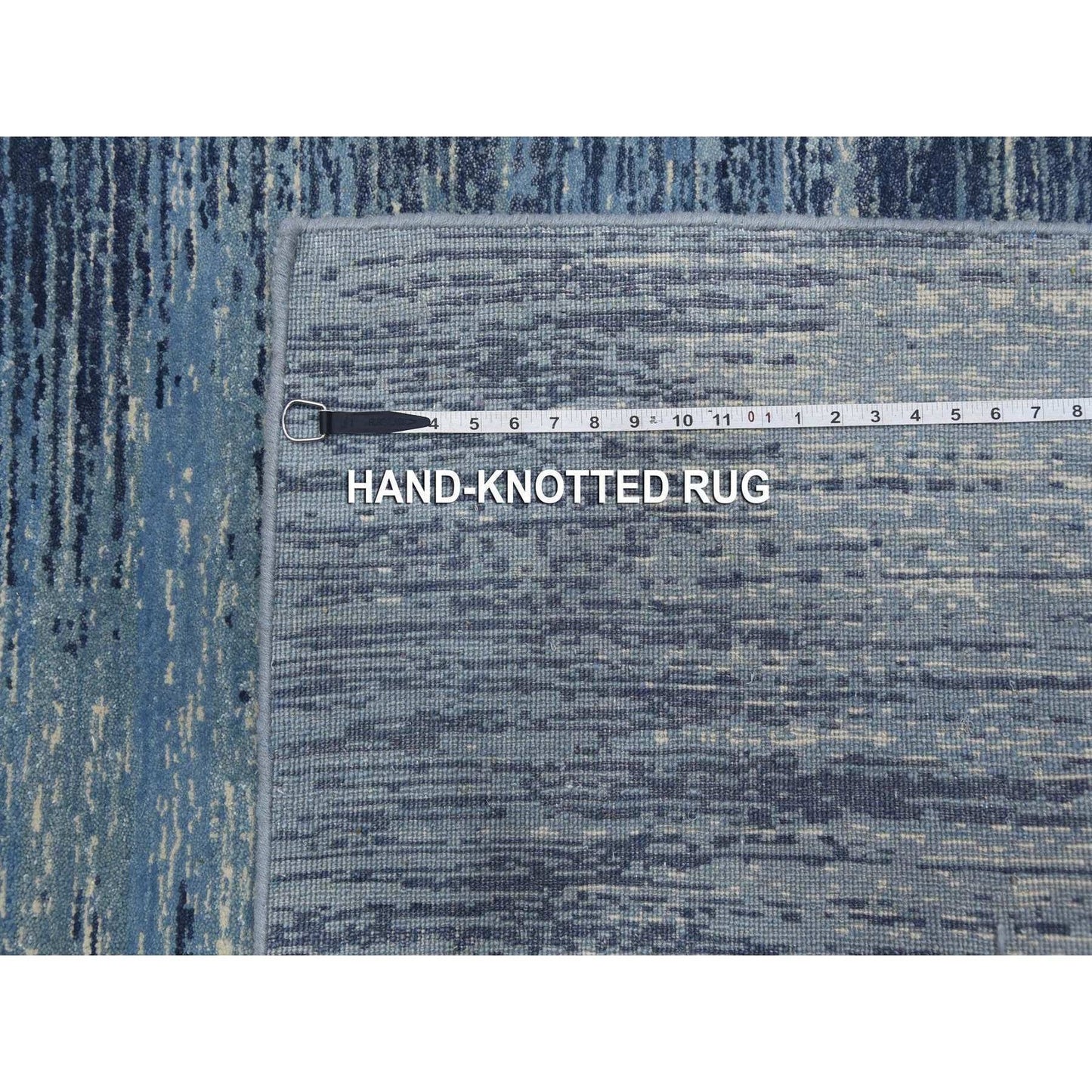 4'1"X12'2"Blue Ivory Hand Knotted Wool Horizontal Ombre Design Runner Rug