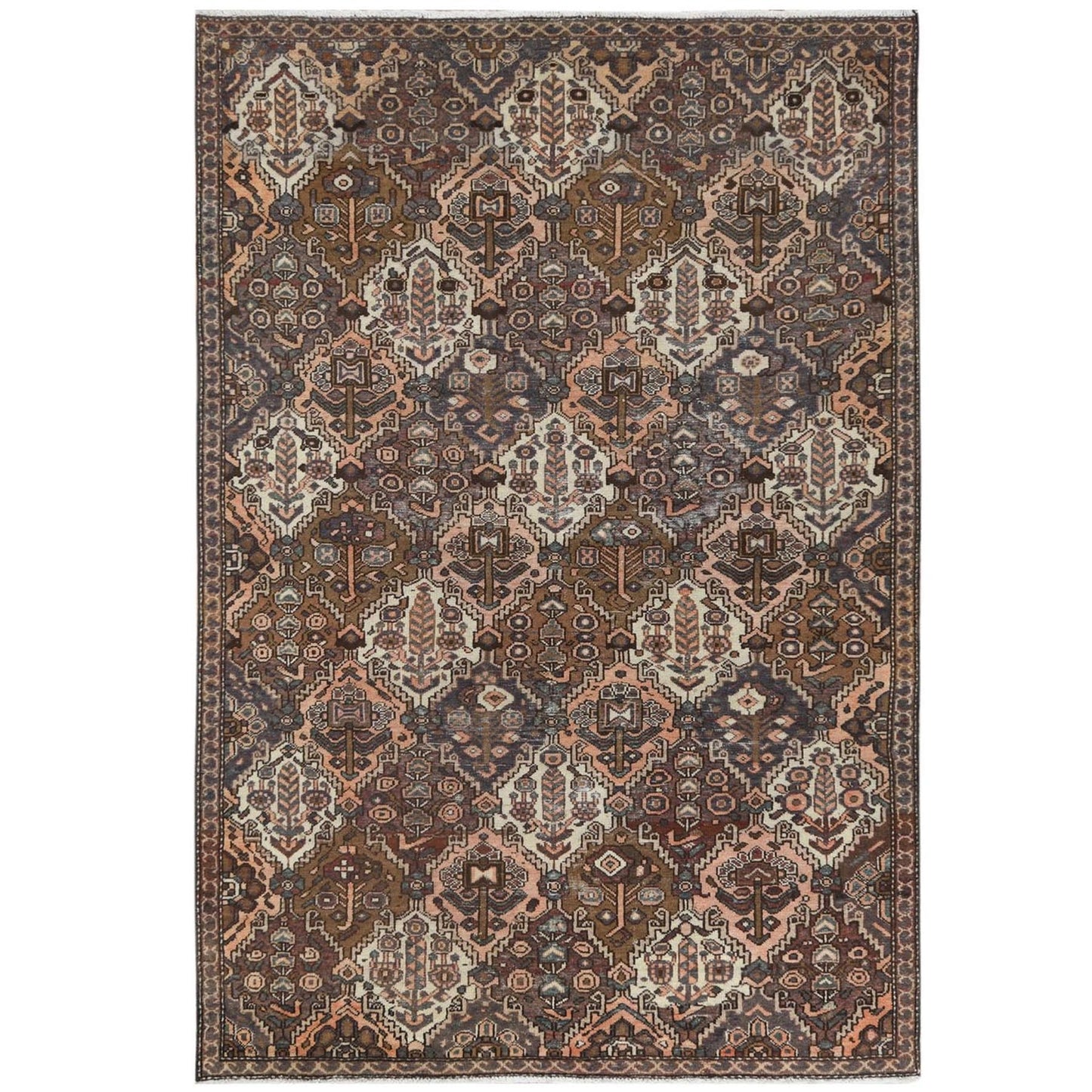 5'7"X8'5" Brown Worn Wool Hand Knotted Vintage Farsian Baktiarjoon Rug