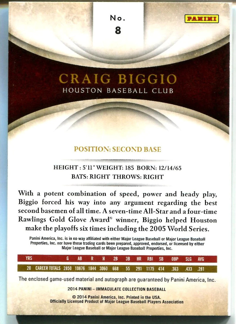 Craig Biggio 2014 Immaculate Collection Game-Used Material/Autographed Card #14/