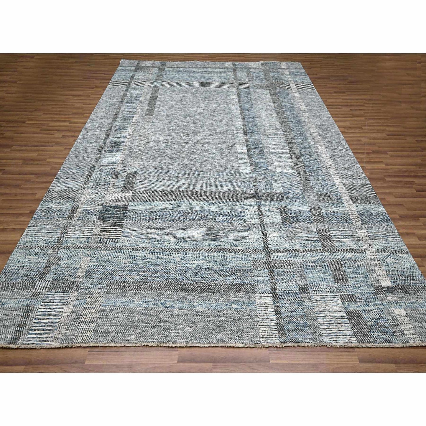 9'X12'1" Barely Blue Modern Geometric Plaid Design Wool Hand Knotted Rug